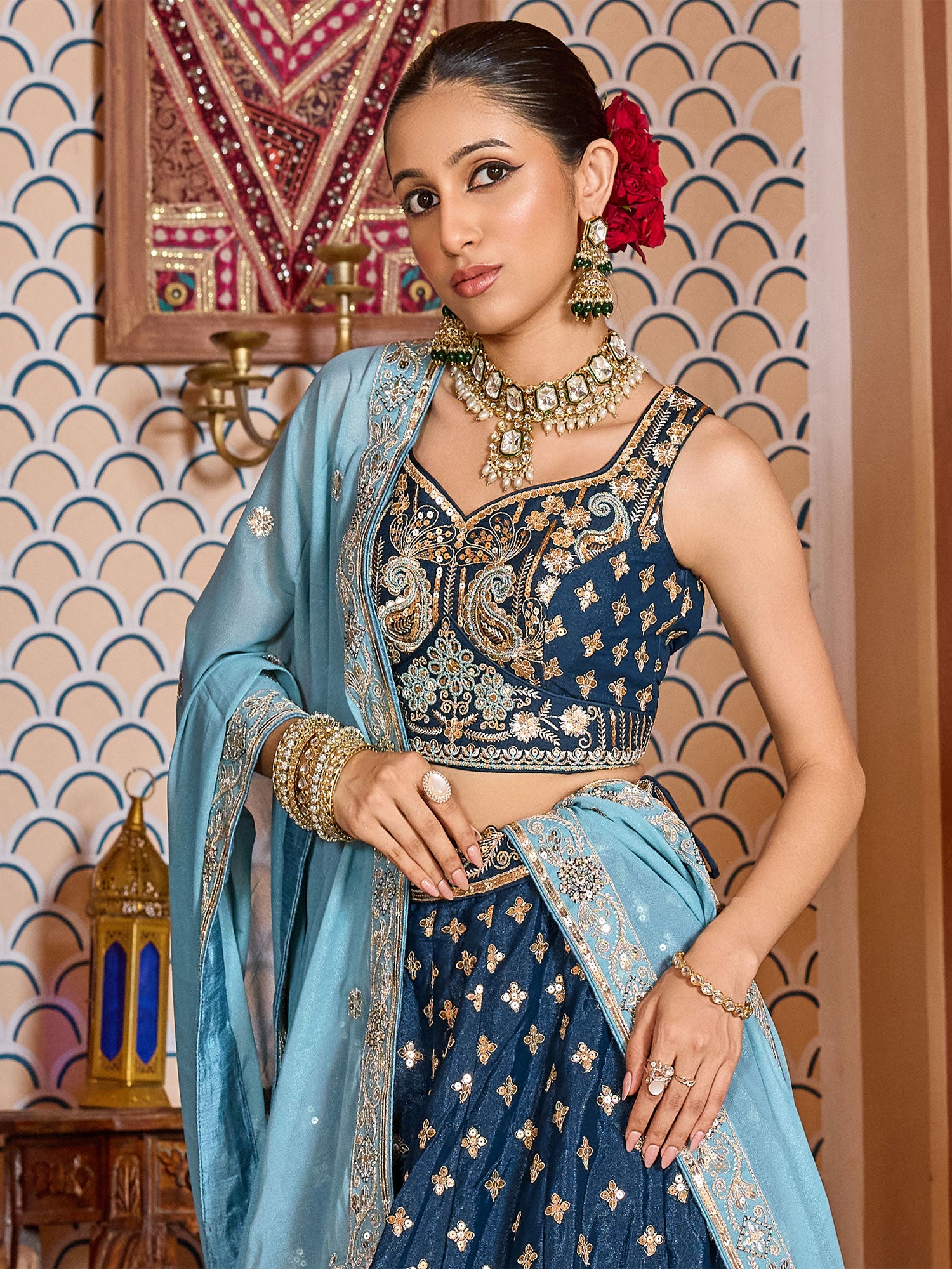 Dark Blue Floral Work Silk Lehenga Choli Set
