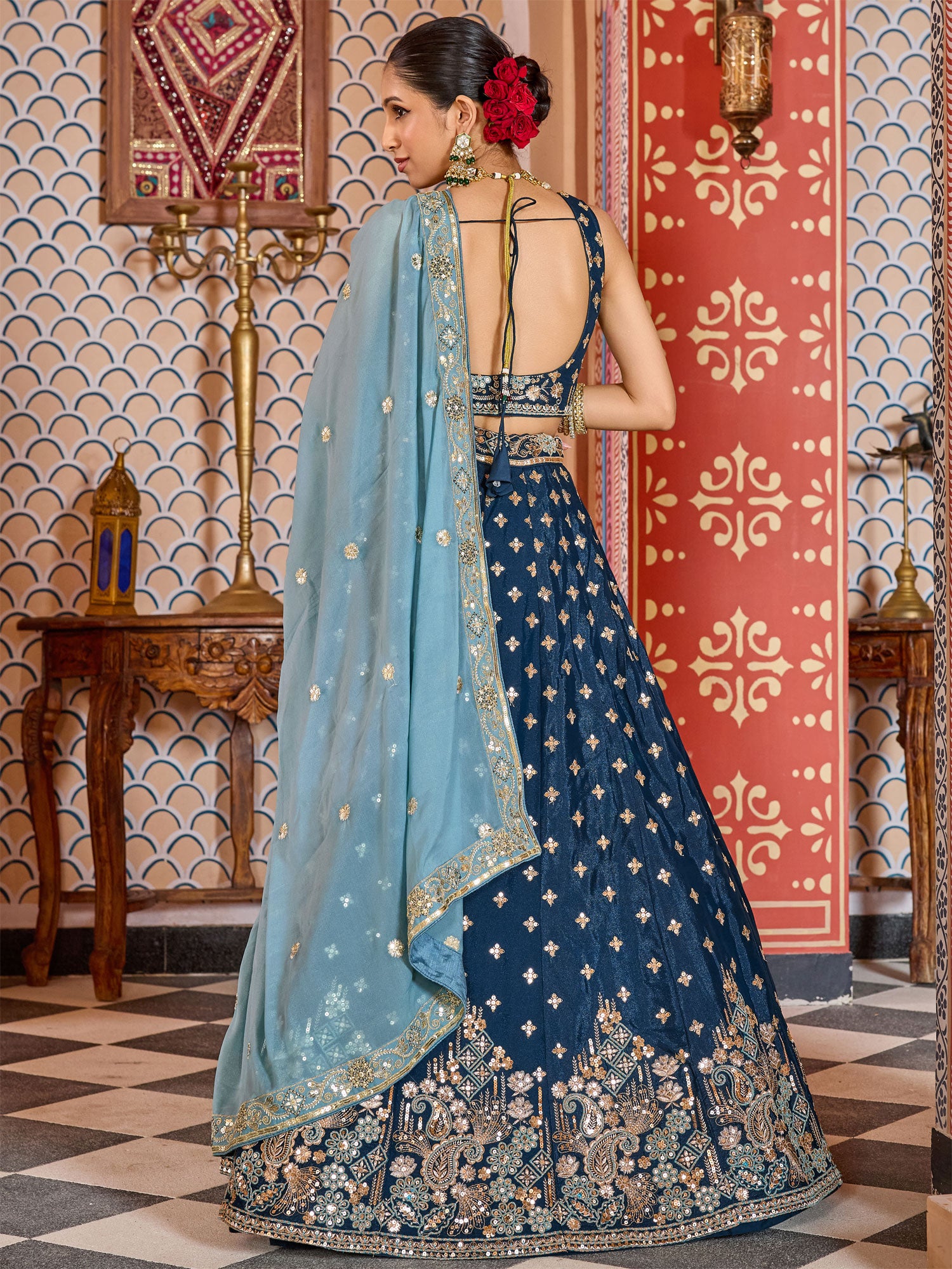Dark Blue Floral Work Silk Lehenga Choli Set