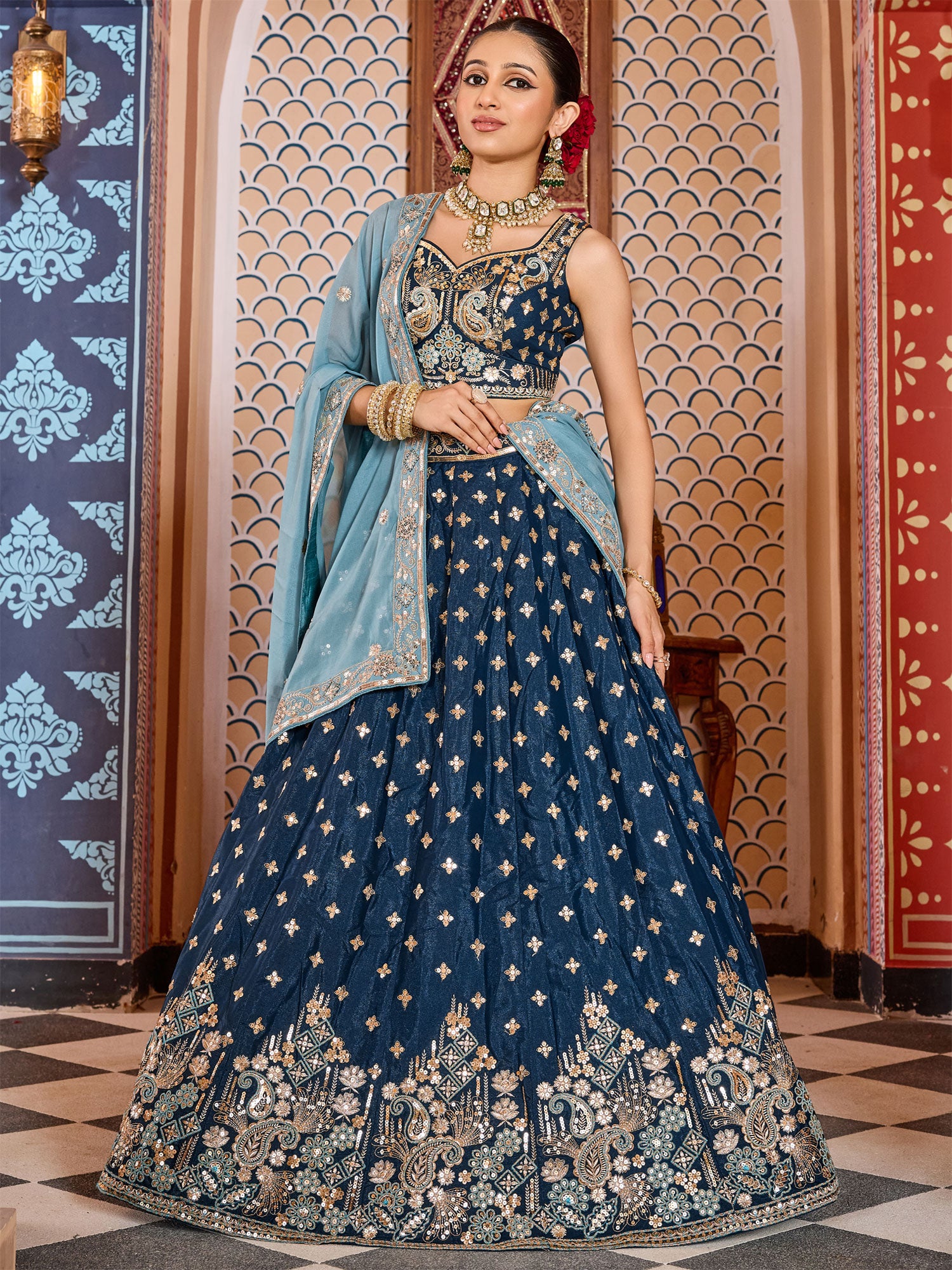 Dark Blue Floral Work Silk Lehenga Choli Set