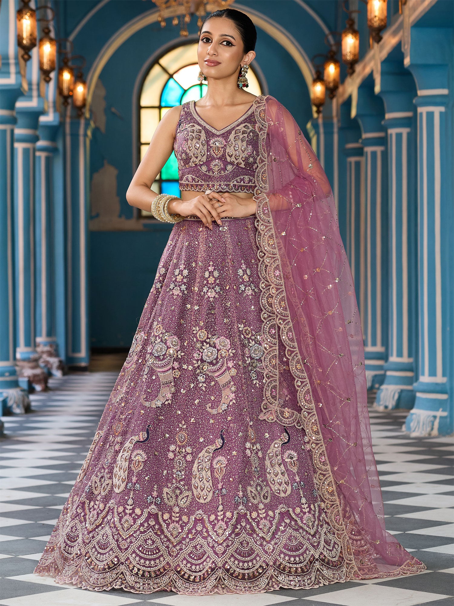 Purple Traditional Wear Lehenga Set In Net