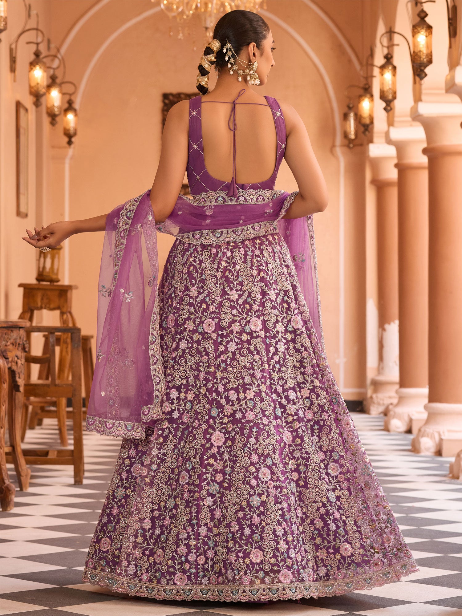 Purple Floral Thread Embroidered Lehenga Set