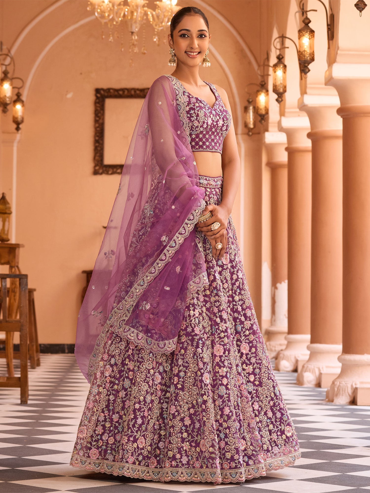 Purple Floral Thread Embroidered Lehenga Set
