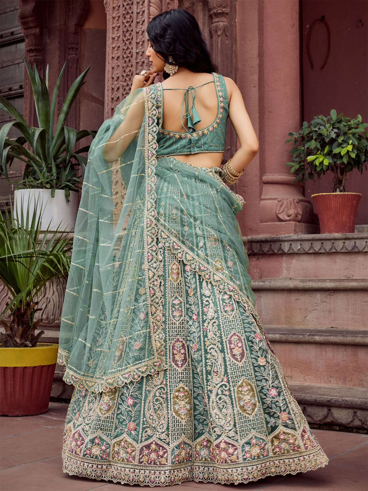 Green Designer Net Lehenga Choli With Dupatta