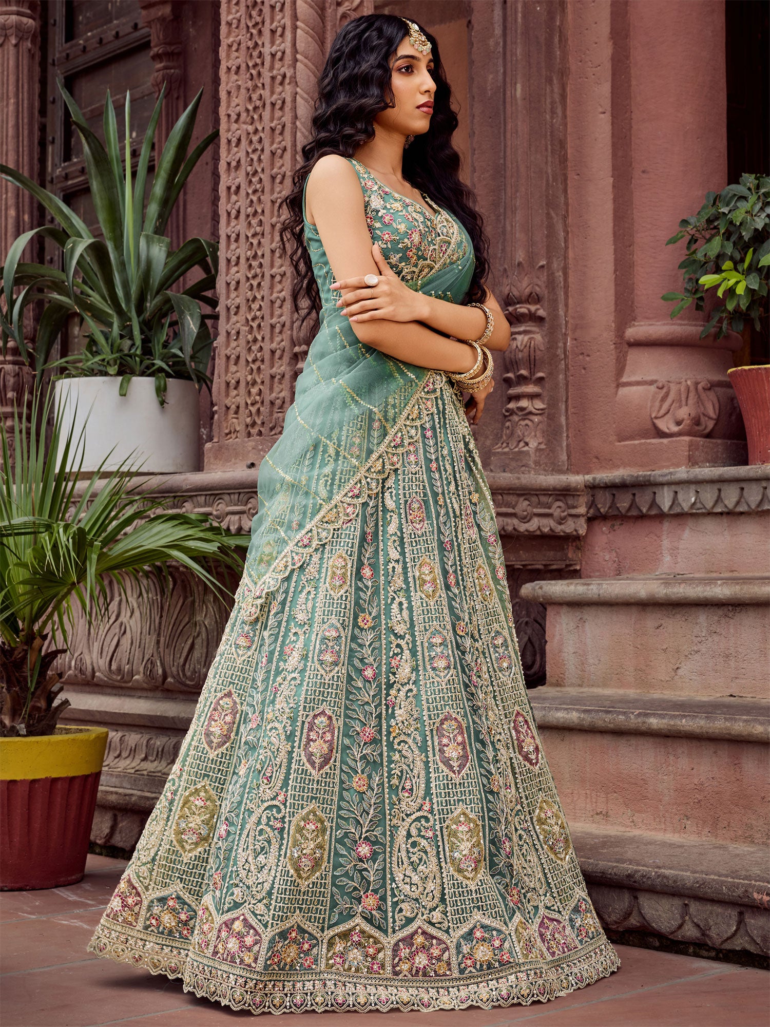 Green Designer Net Lehenga Choli With Dupatta