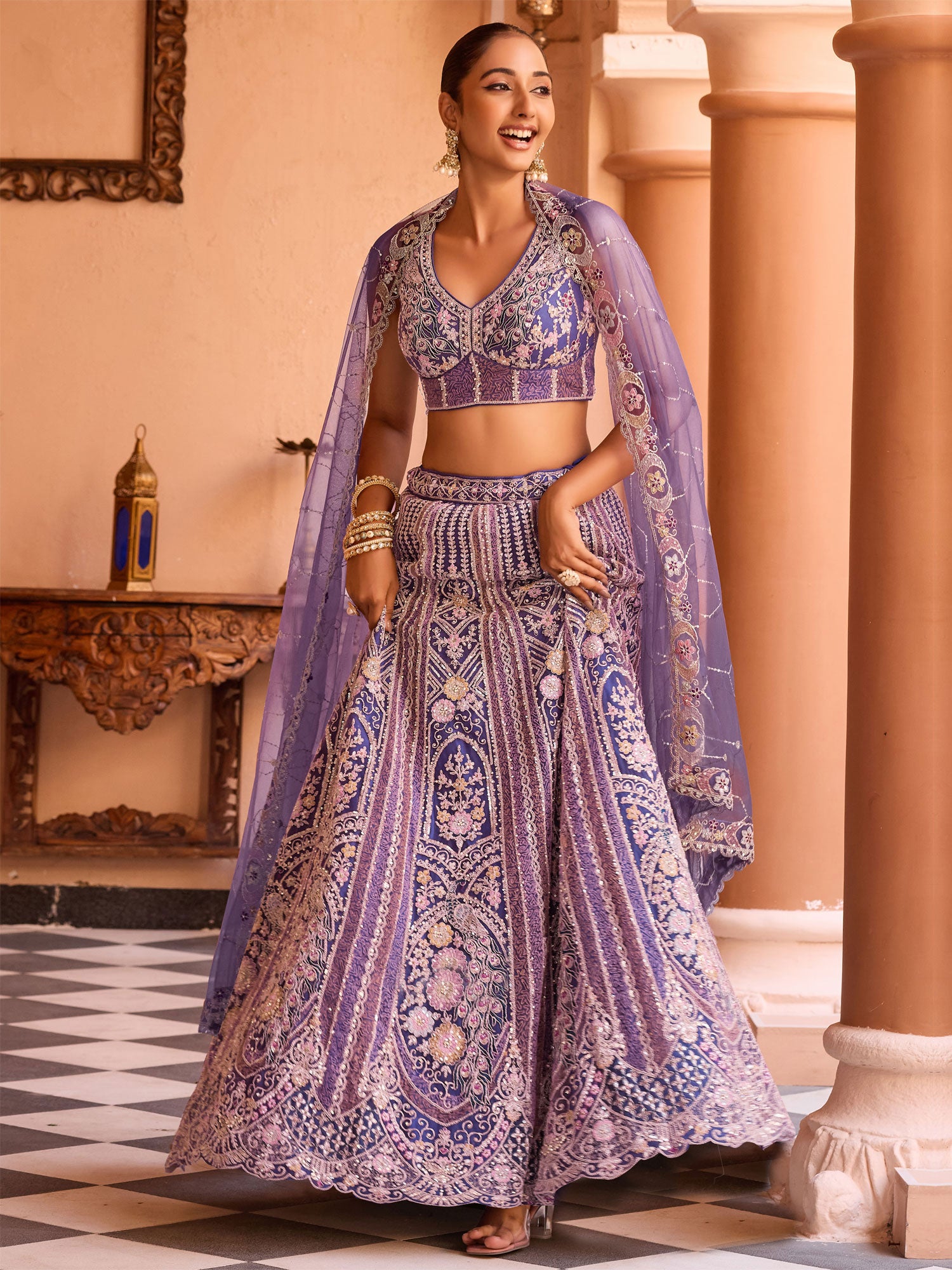 Purple Traditional Lehenga Choli In Zari Work