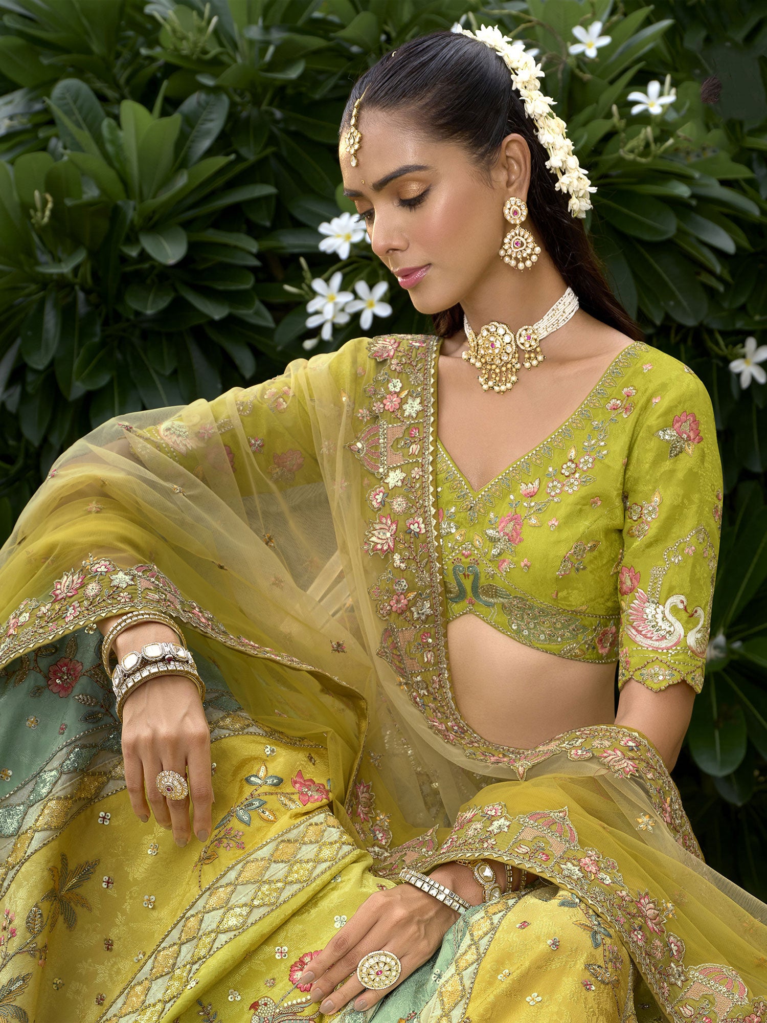 Multicolor Embroidered Traditional Lehenga Set In Silk