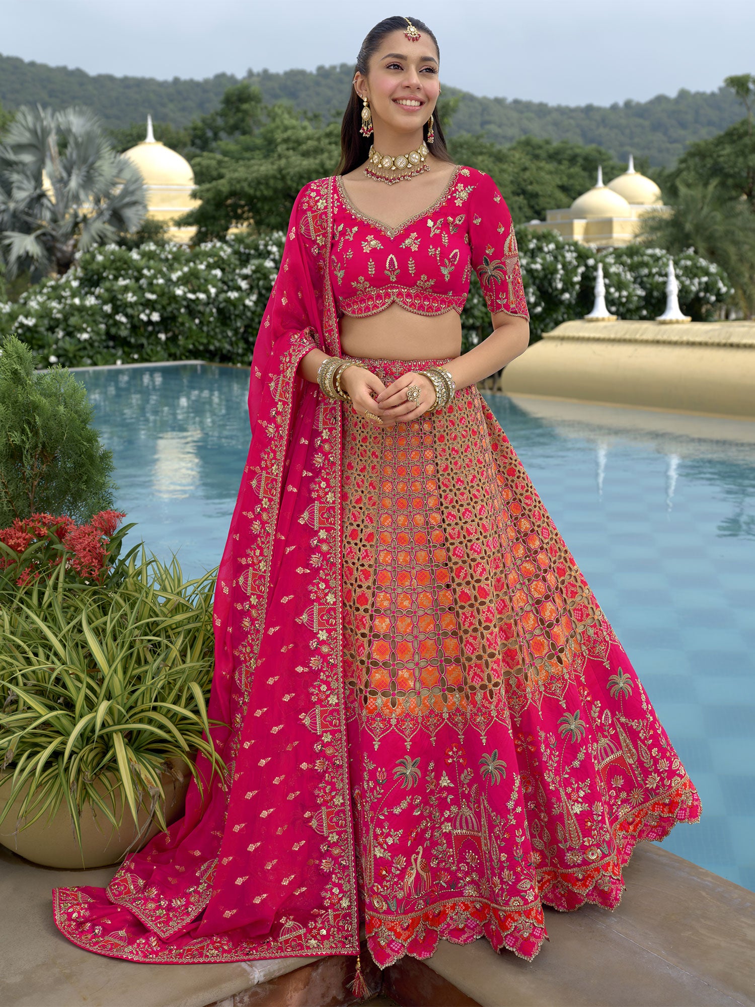Pink Floral Work Embroidered Wedding Lehenga Set