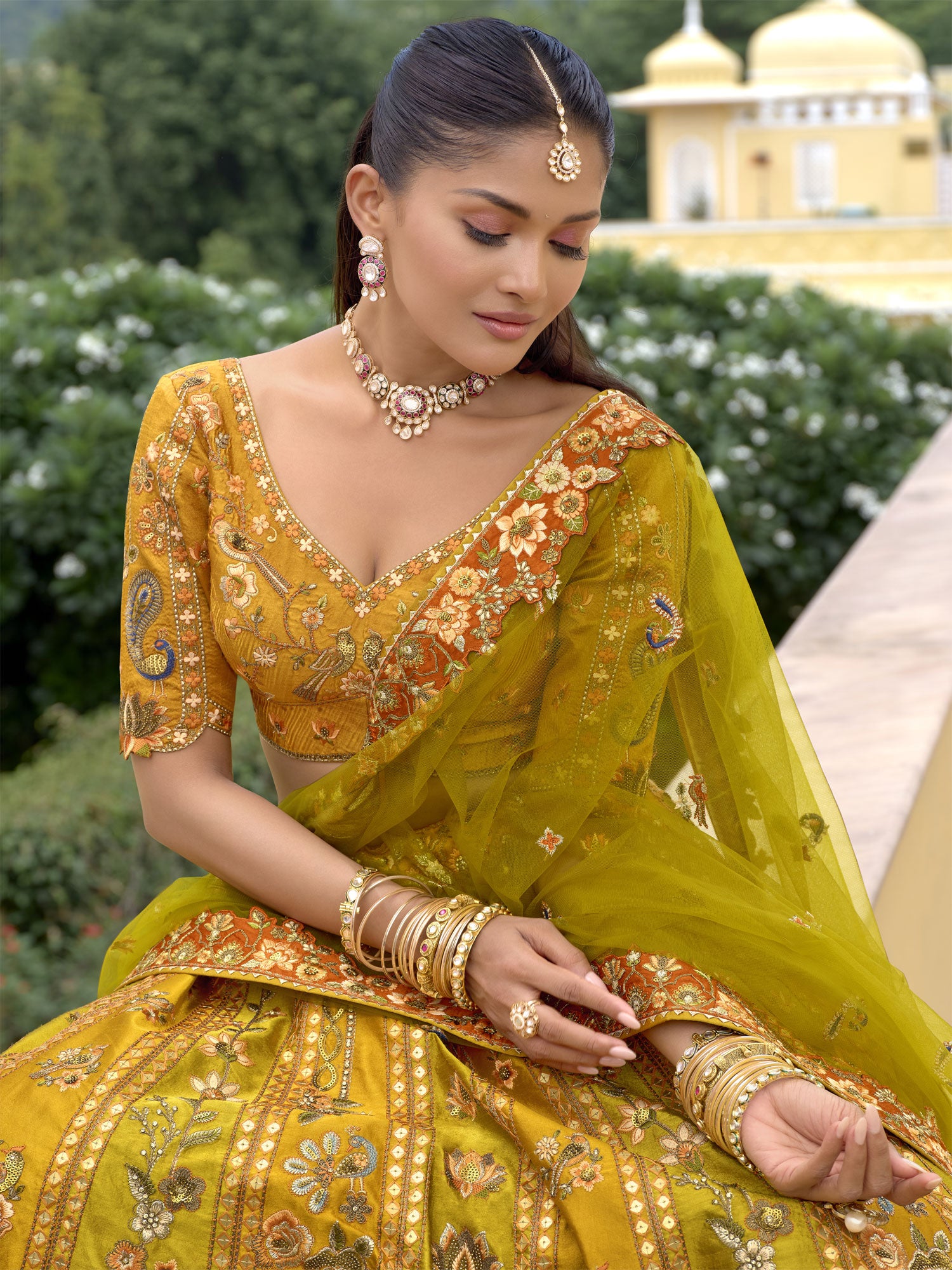 Green And Golden Stone Embelllished Lehenga Set