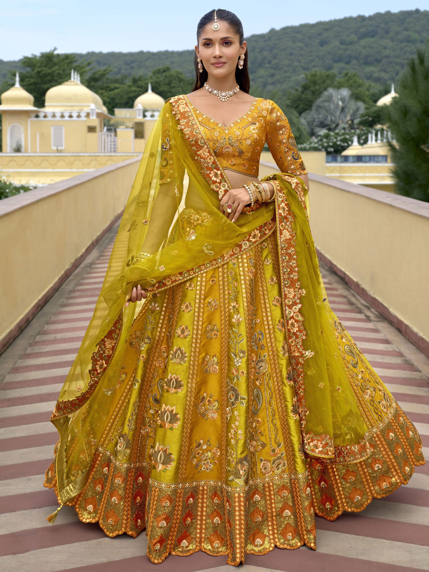 Green And Golden Stone Embelllished Lehenga Set