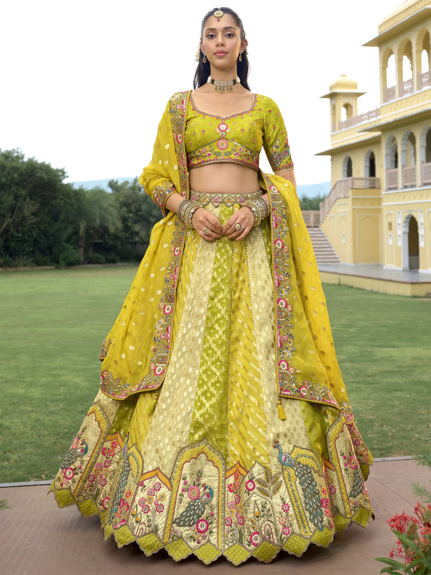 Multicolor Traditional Wear Lehenga Set With Net Dupatta