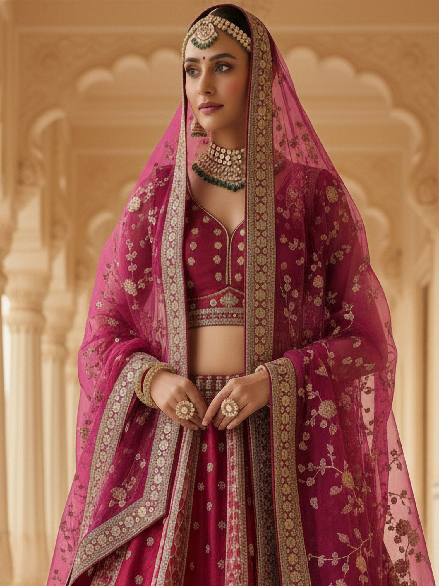 Rani Pink Traditional Bridal Lehenga Set In Silk