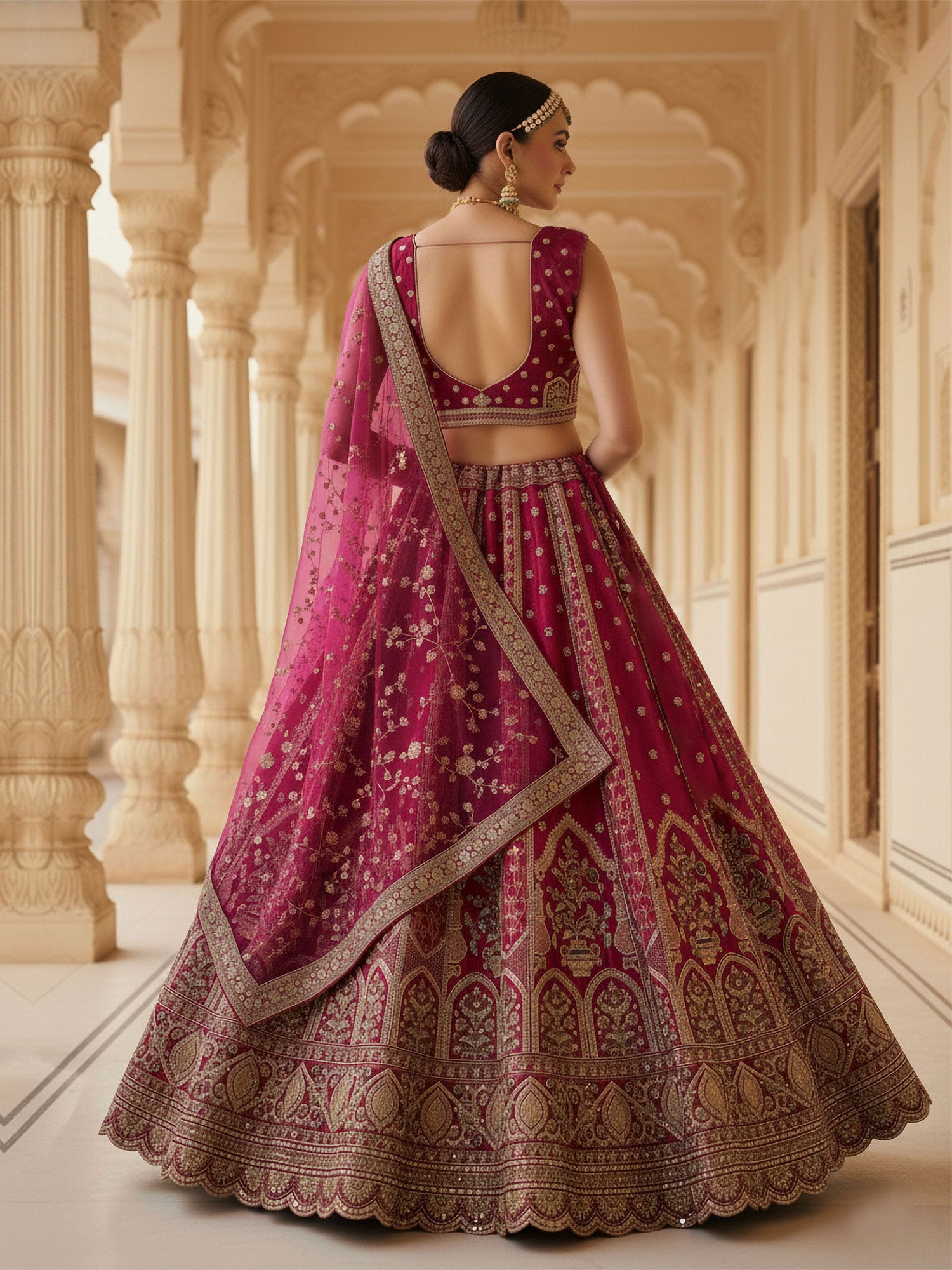 Rani Pink Traditional Bridal Lehenga Set In Silk