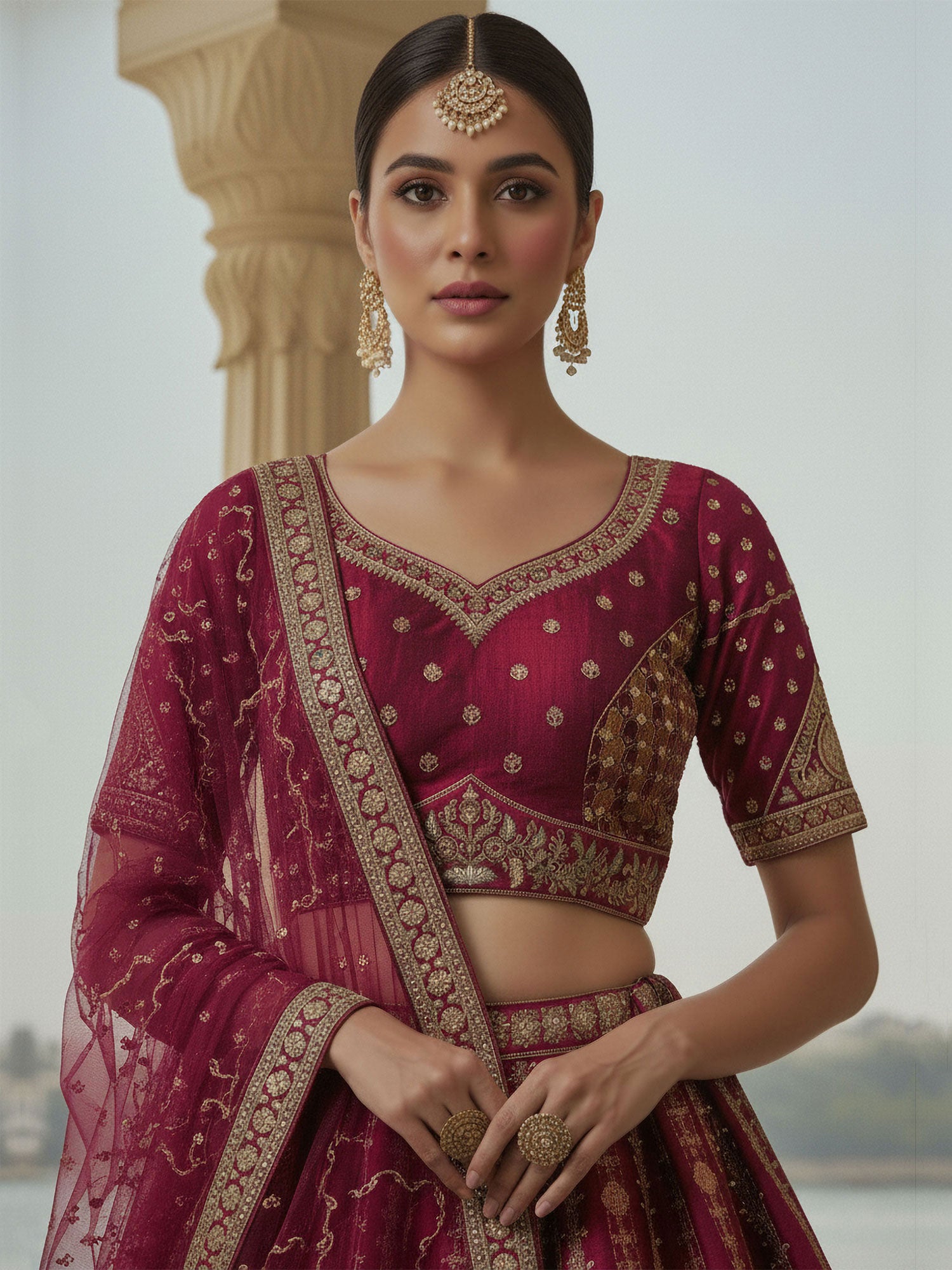 Maroon Bridal Lehenga Choli Set With Two Dupatta