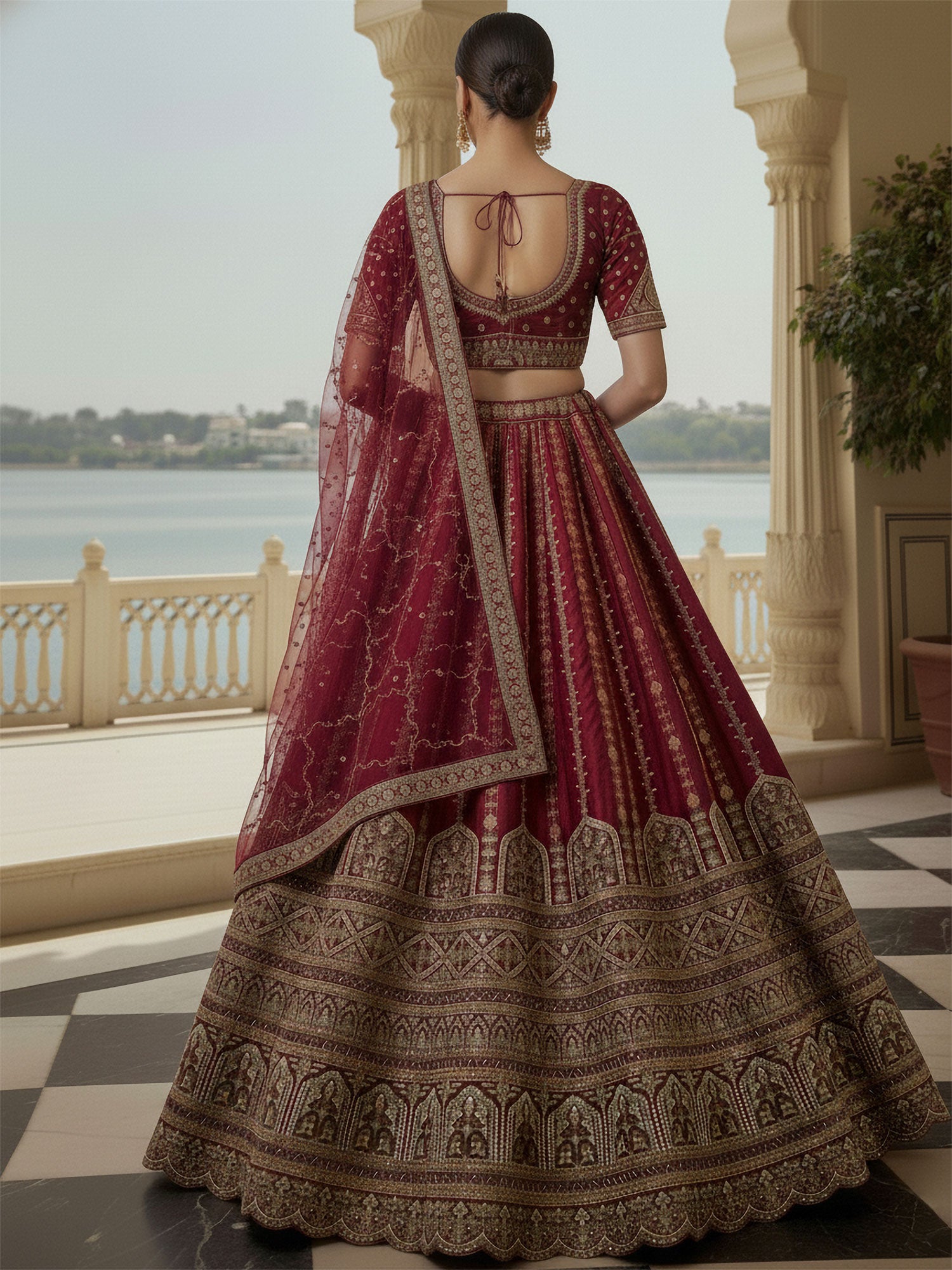 Maroon Bridal Lehenga Choli Set With Two Dupatta