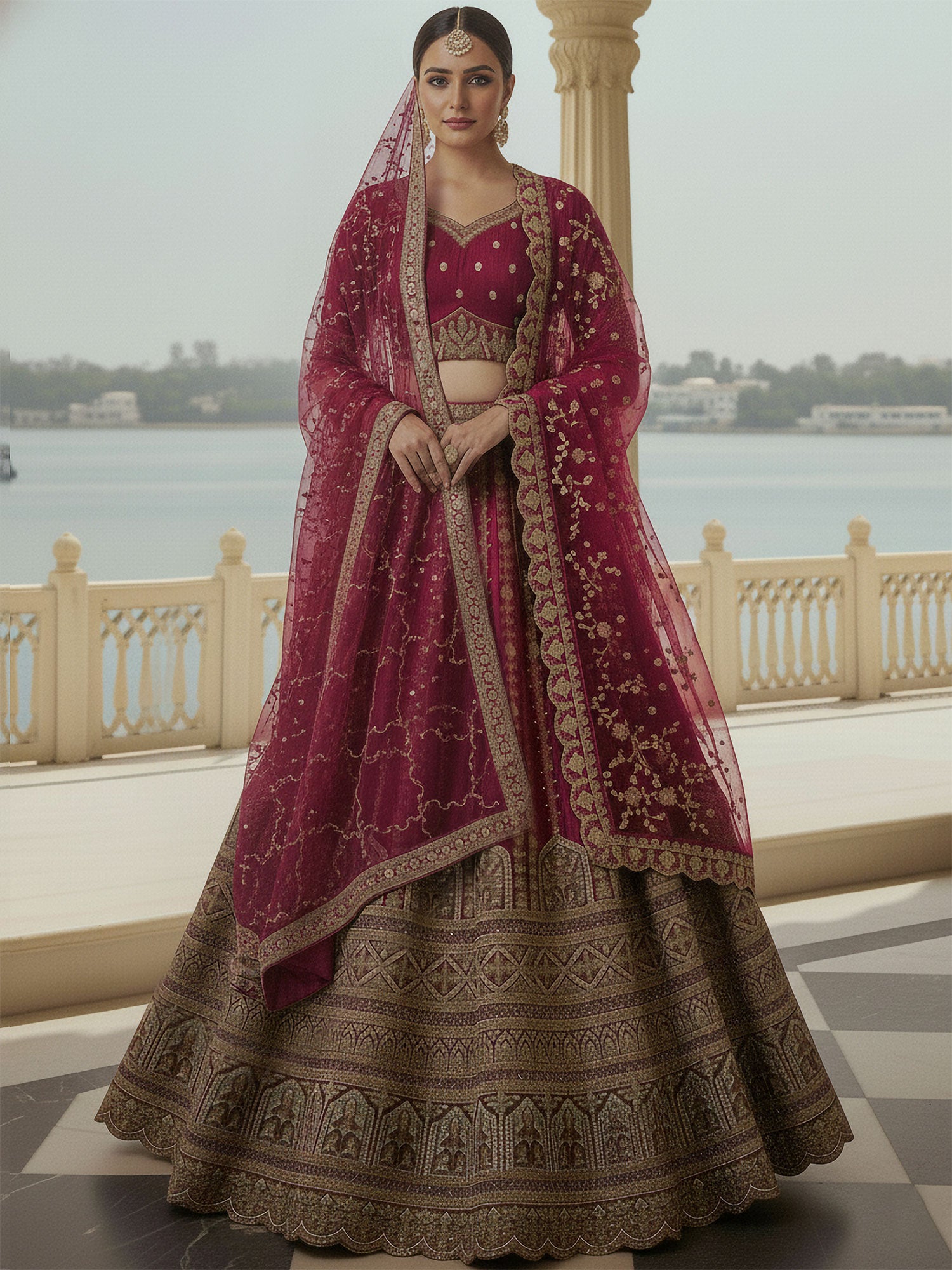 Maroon Bridal Lehenga Choli Set With Two Dupatta