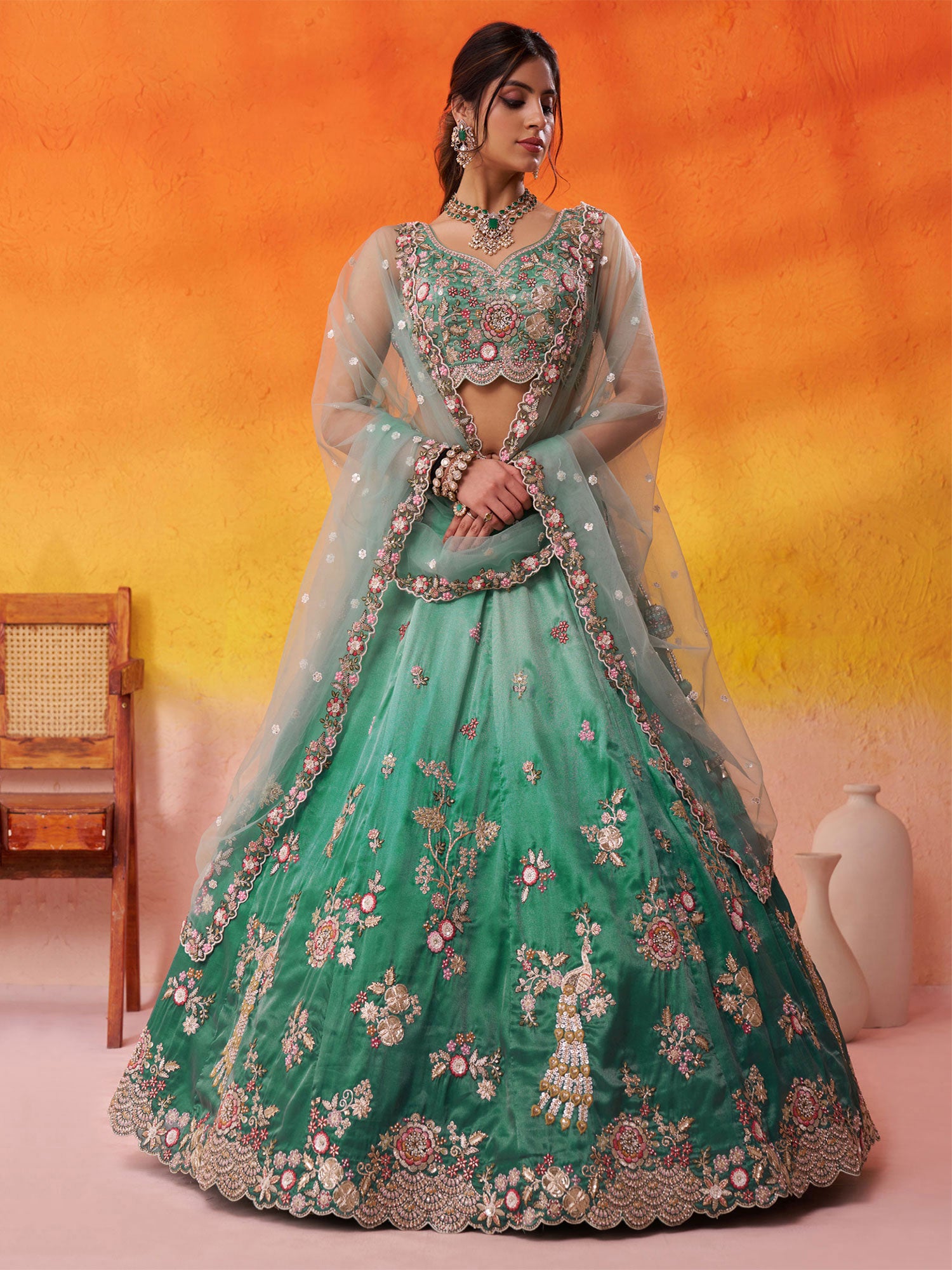Green Thread Embroidered Festive Lehenga Choli