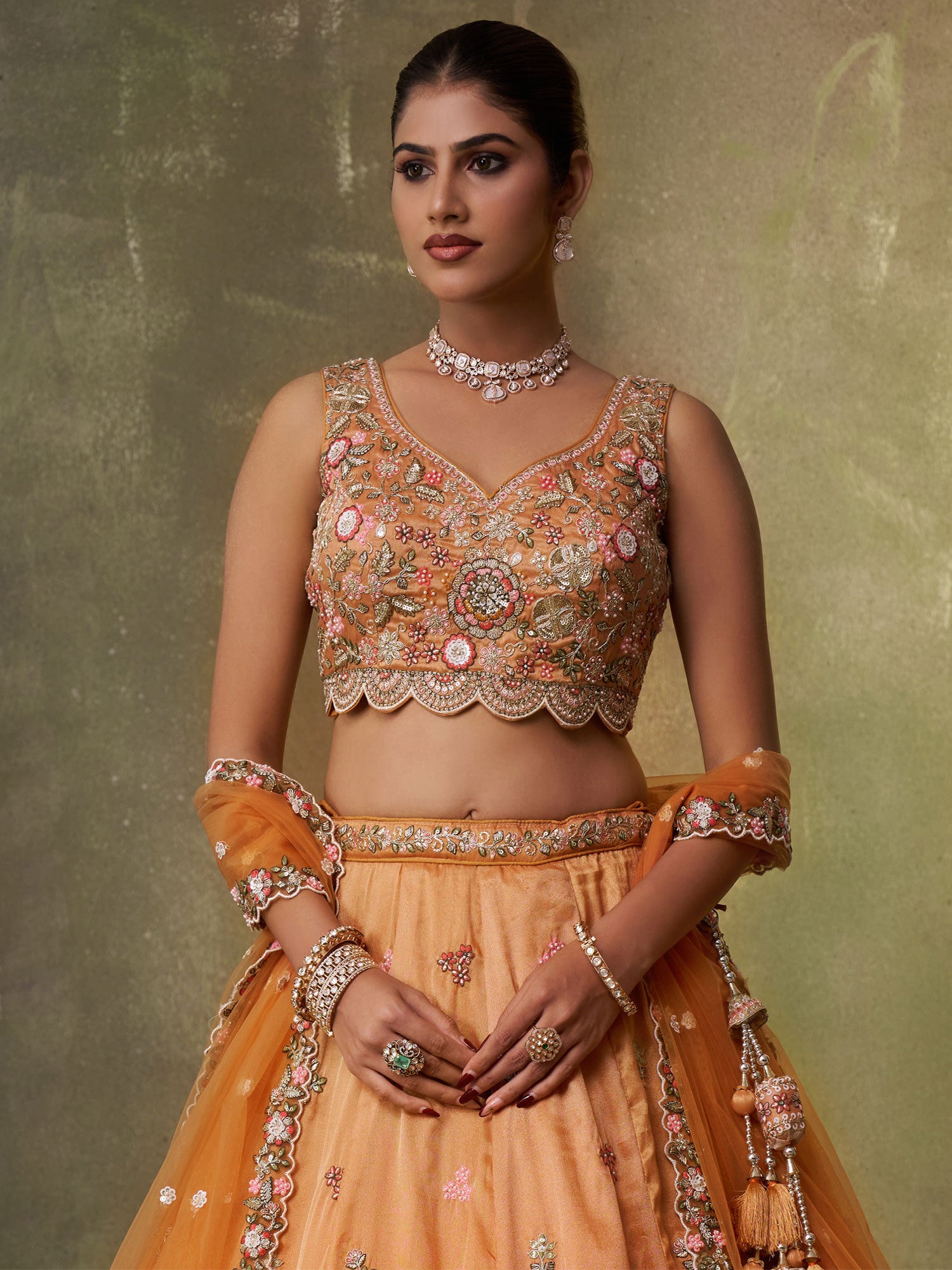 Orange Moti Work Augmented Shaded Lehenga Set