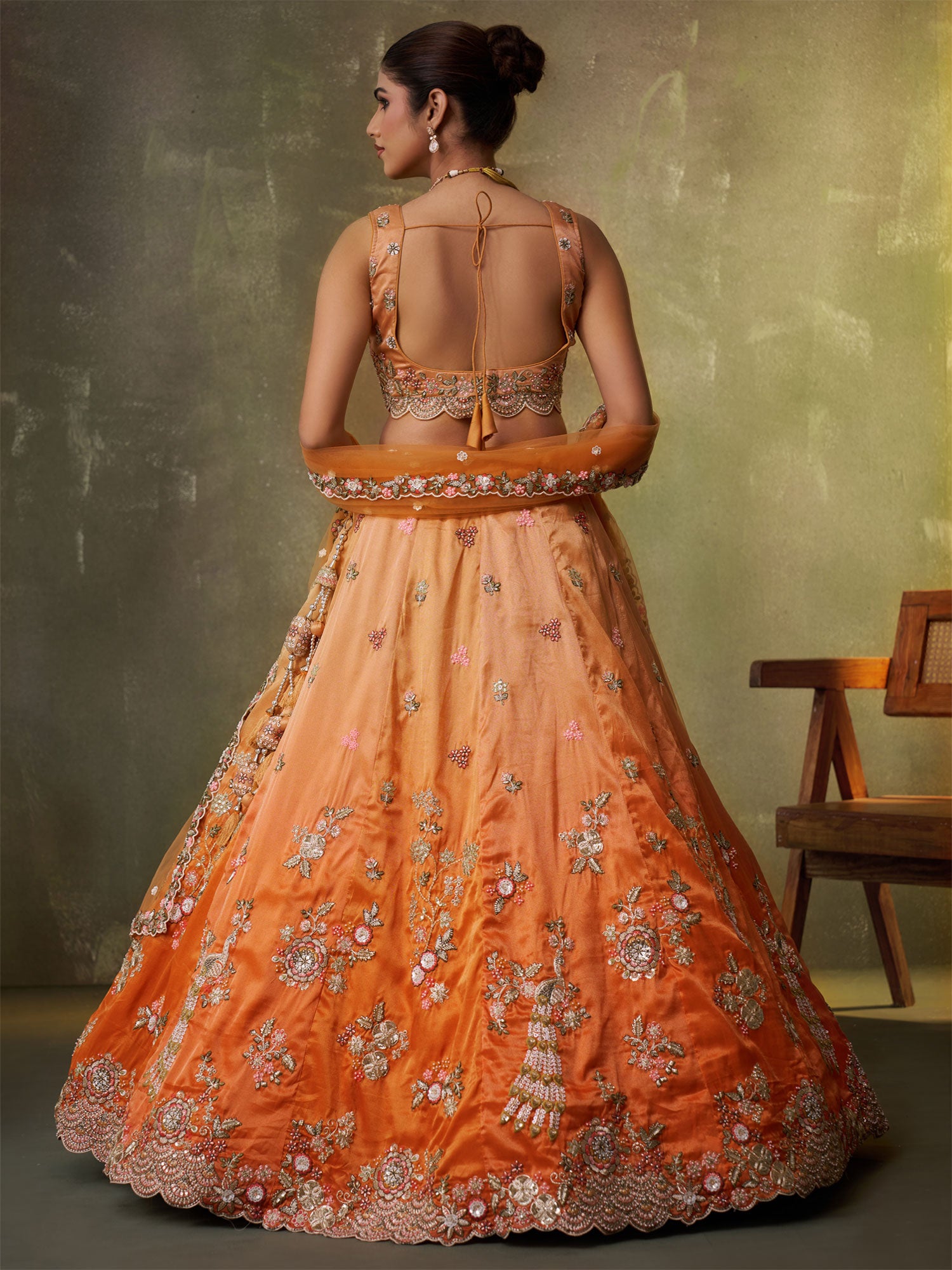 Orange Moti Work Augmented Shaded Lehenga Set