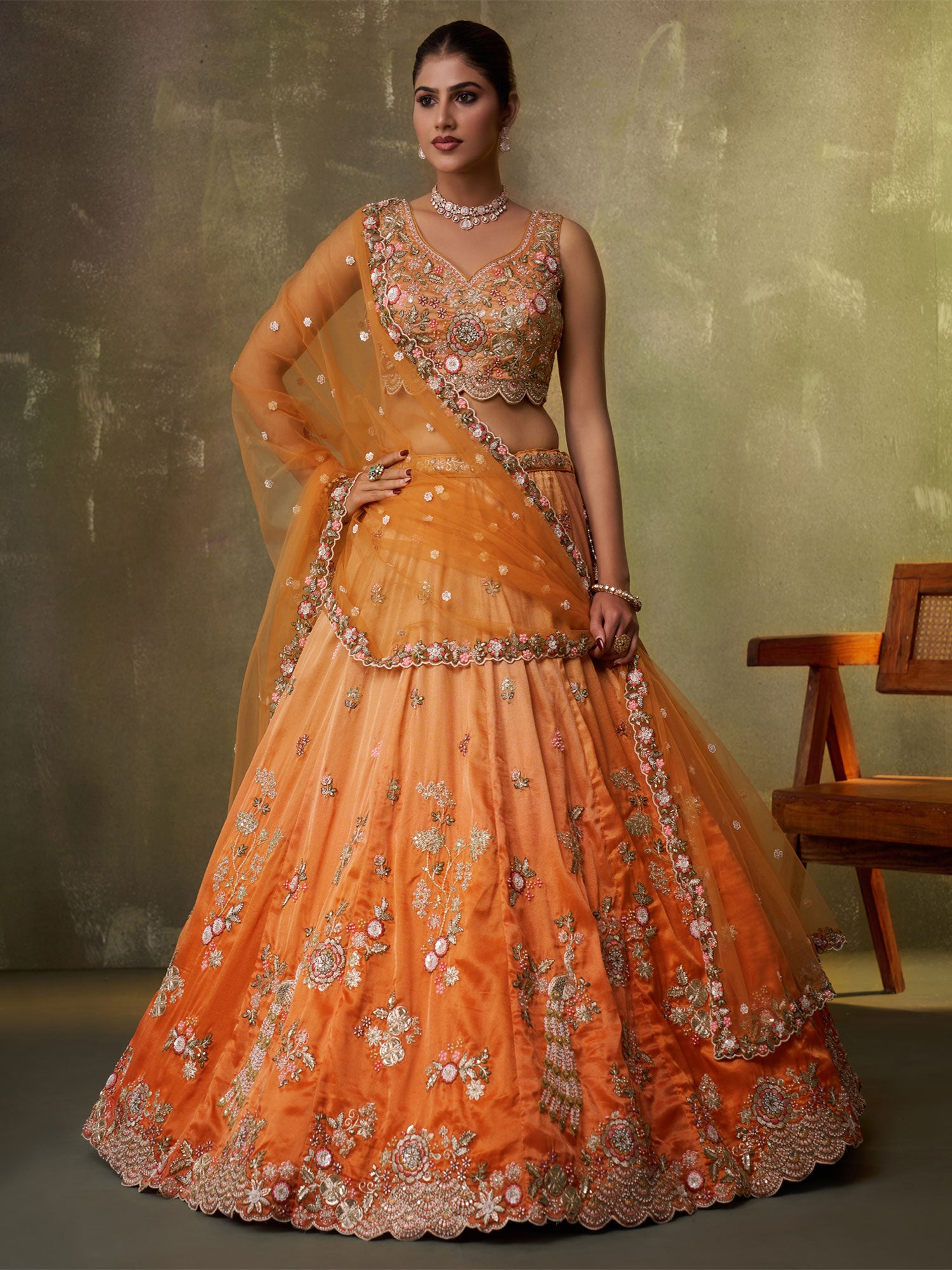 Orange Moti Work Augmented Shaded Lehenga Set