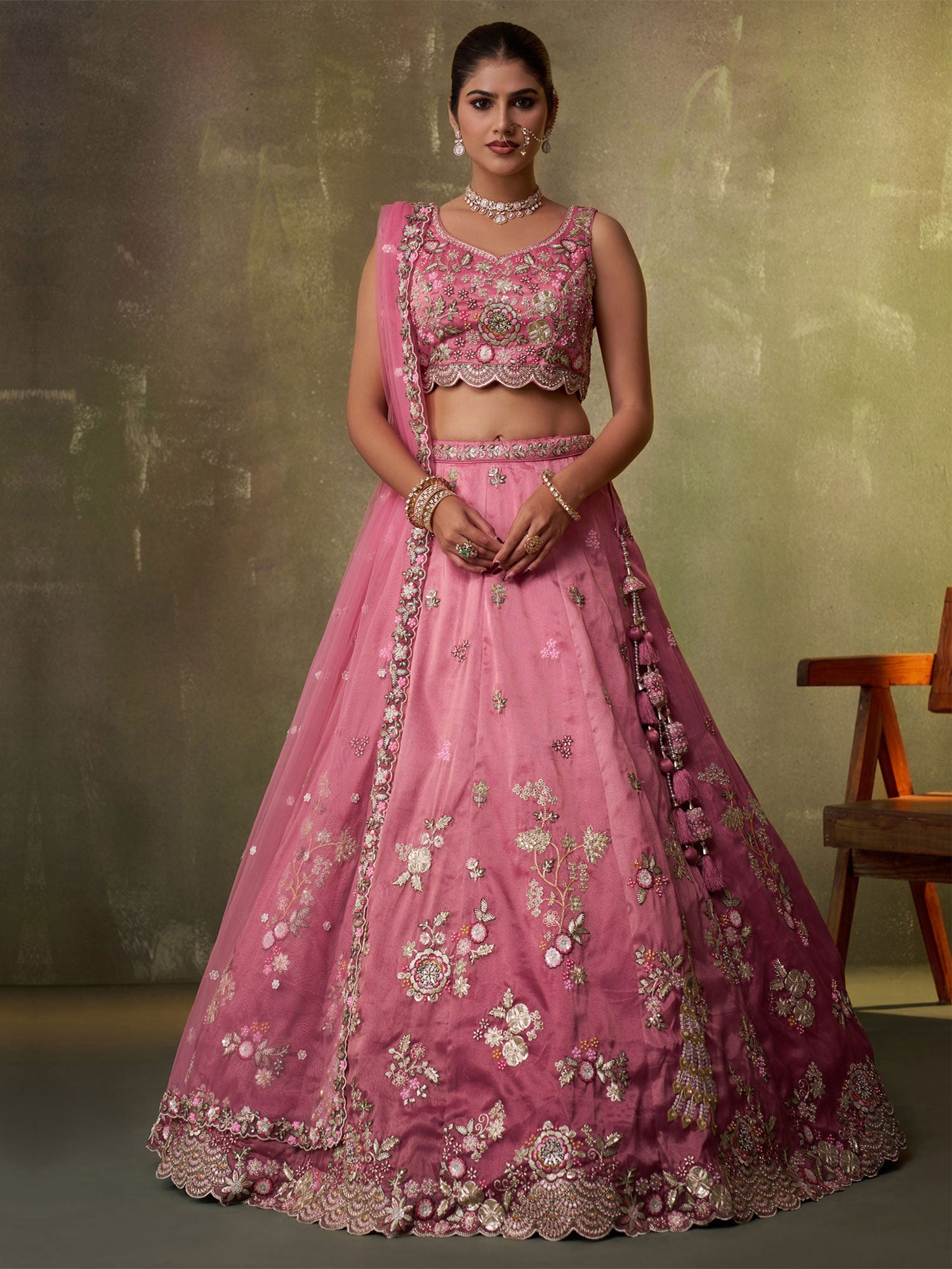 Pink Bridesmaid Lehenga Set With Dupatta In Net