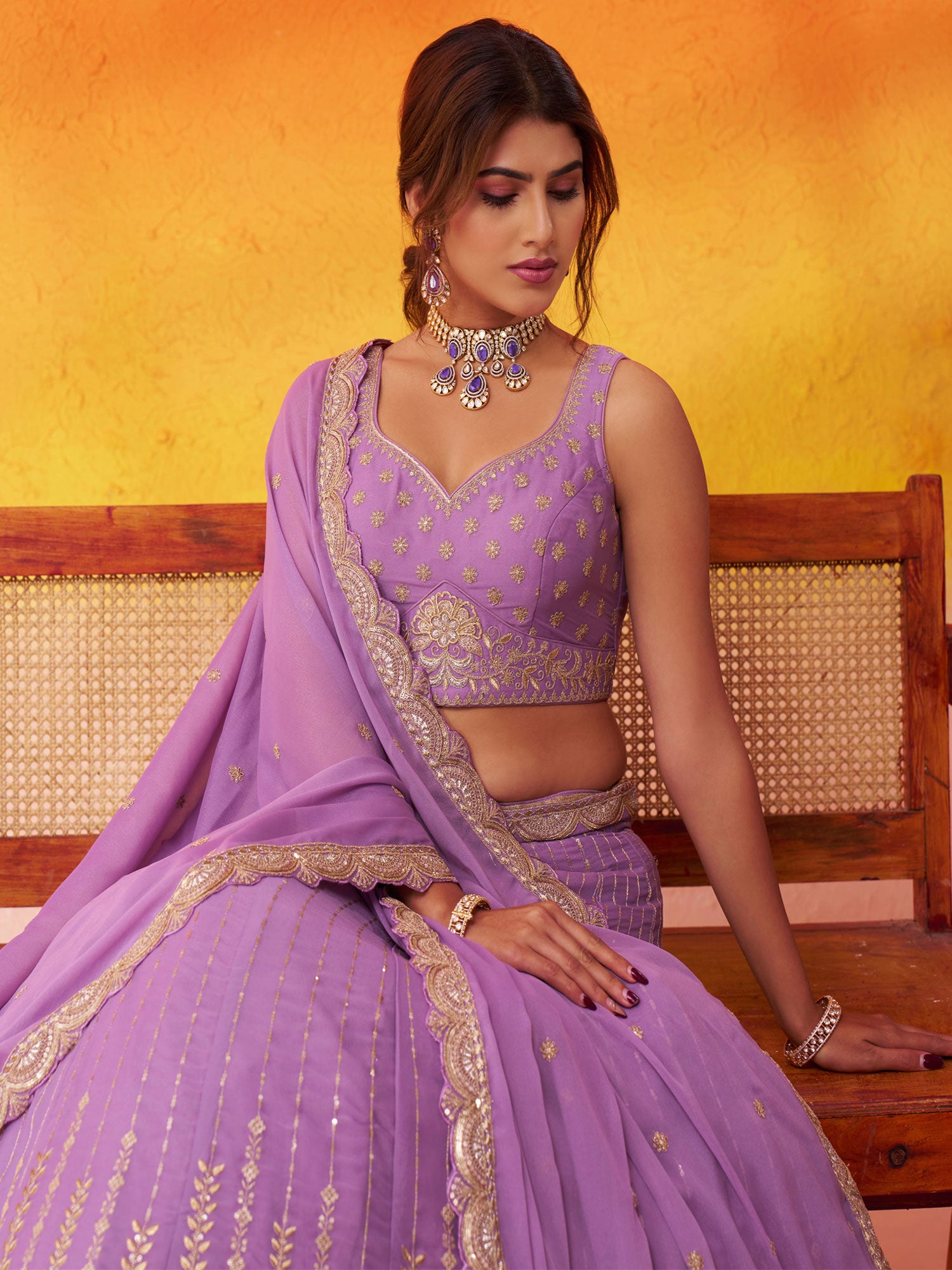 Lilac Party Wear Lehenga Choli In Tissue Silk