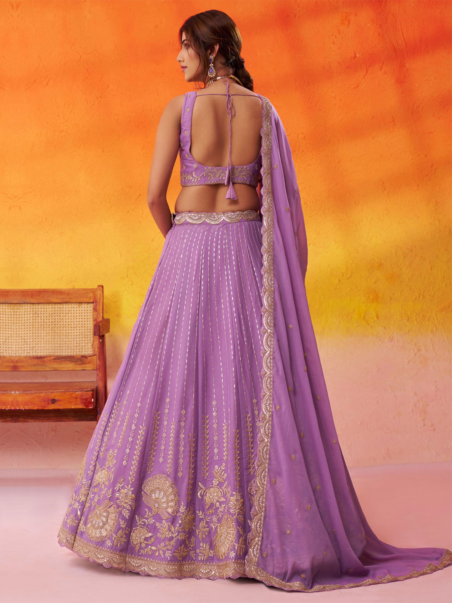 Lilac Party Wear Lehenga Choli In Tissue Silk