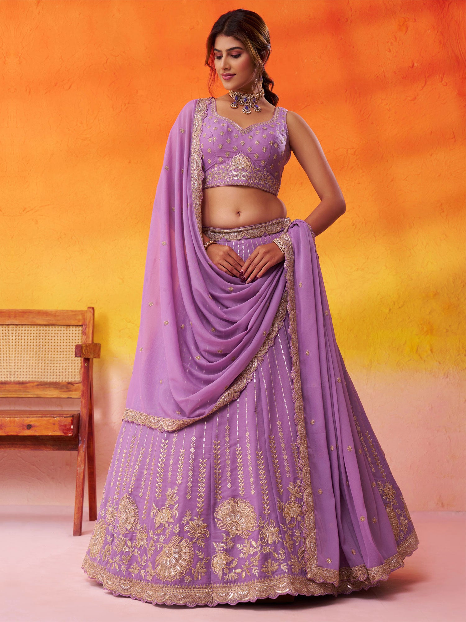 Lilac Party Wear Lehenga Choli In Tissue Silk