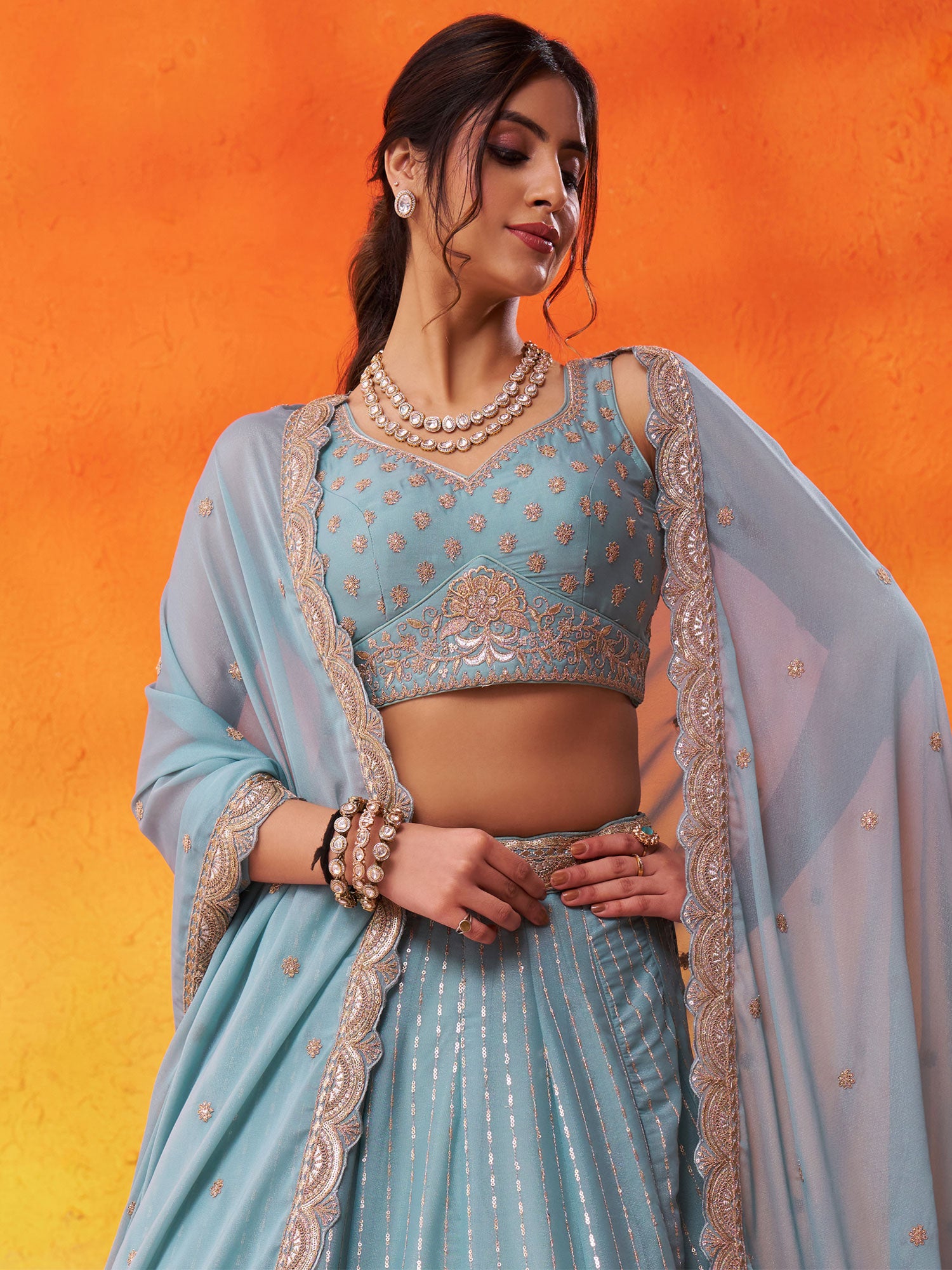 Blue Silk Lehenga Set In Floral Zari Embroidery