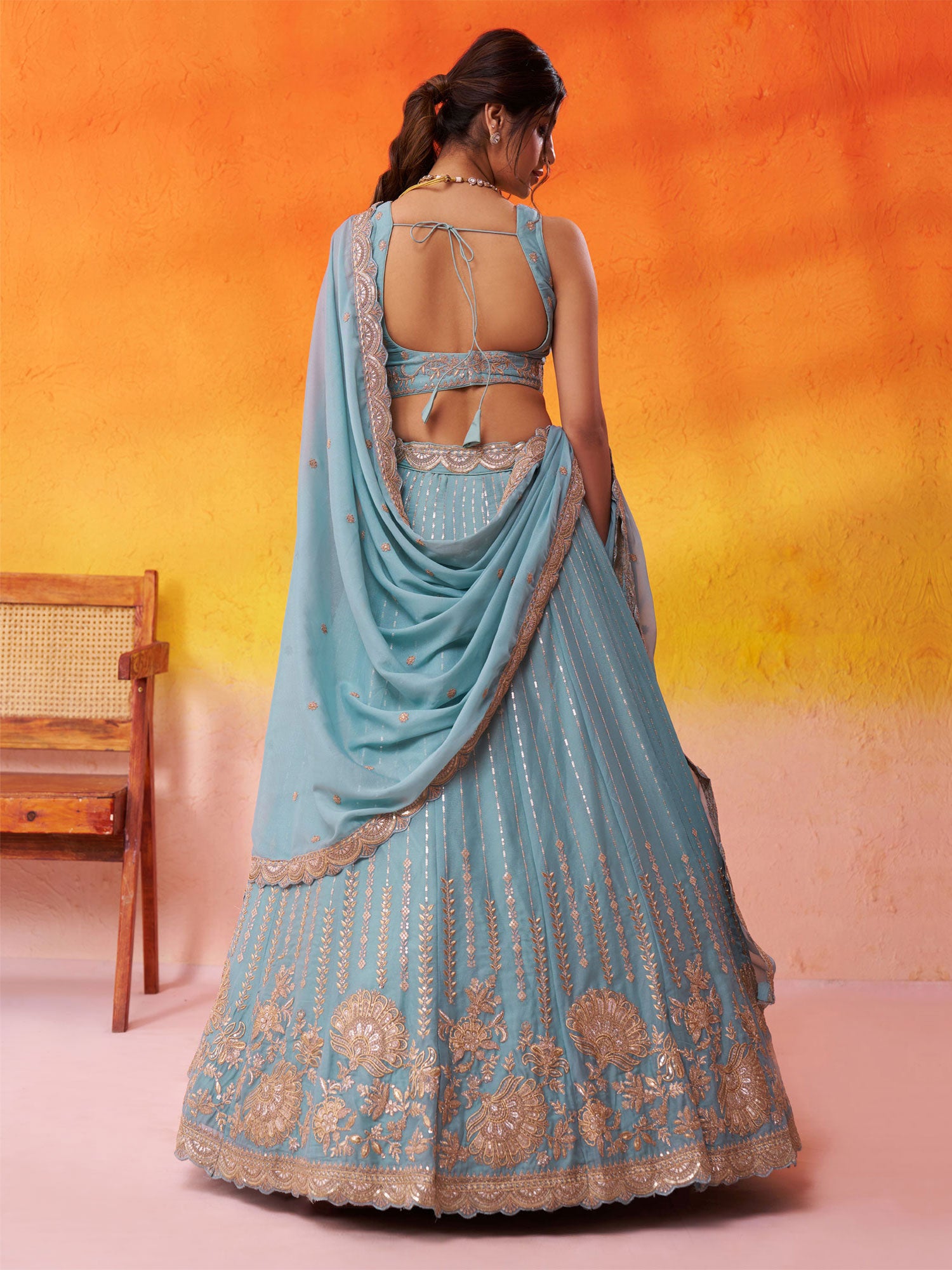 Blue Silk Lehenga Set In Floral Zari Embroidery