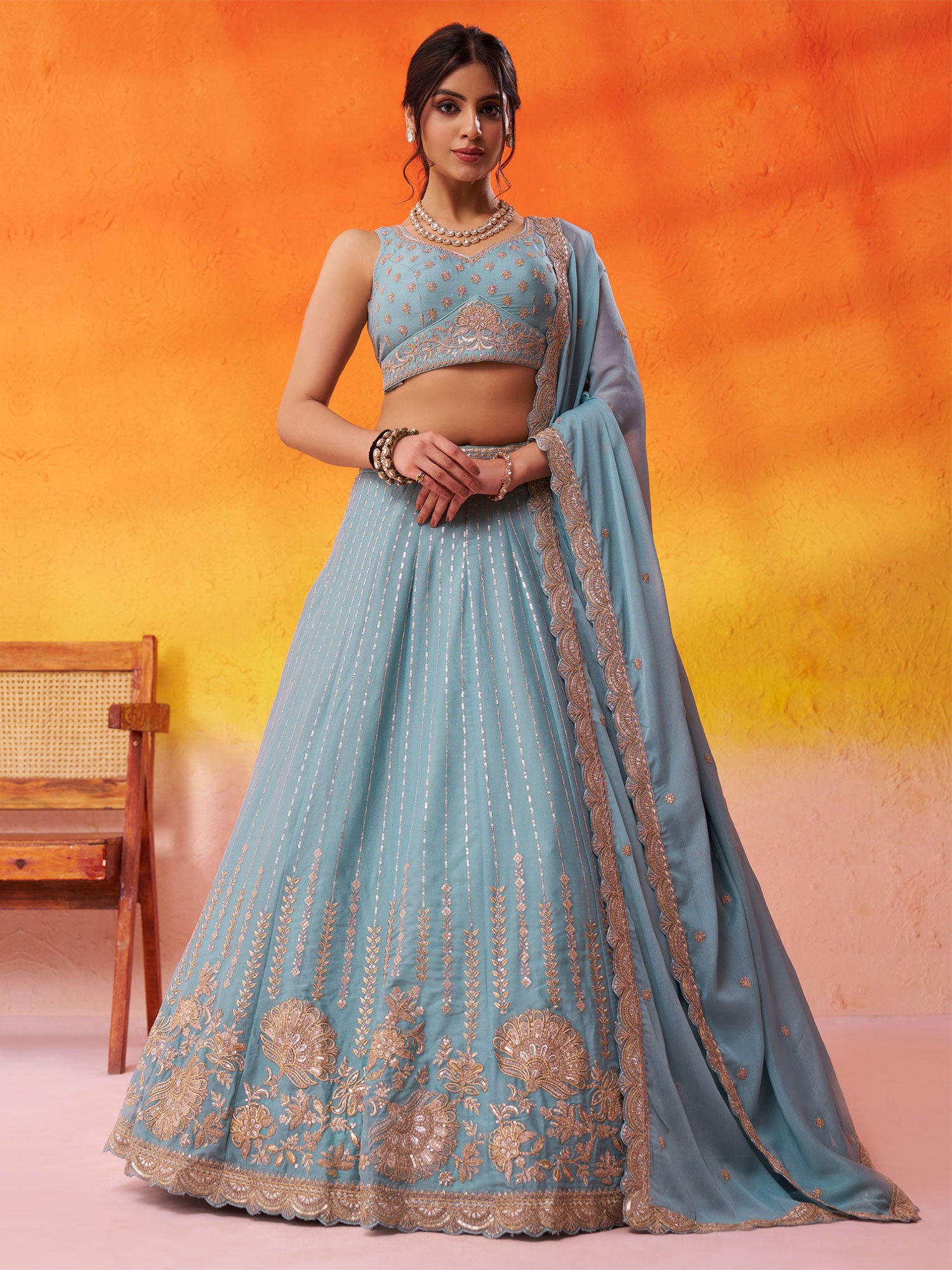 Blue Silk Lehenga Set In Floral Zari Embroidery
