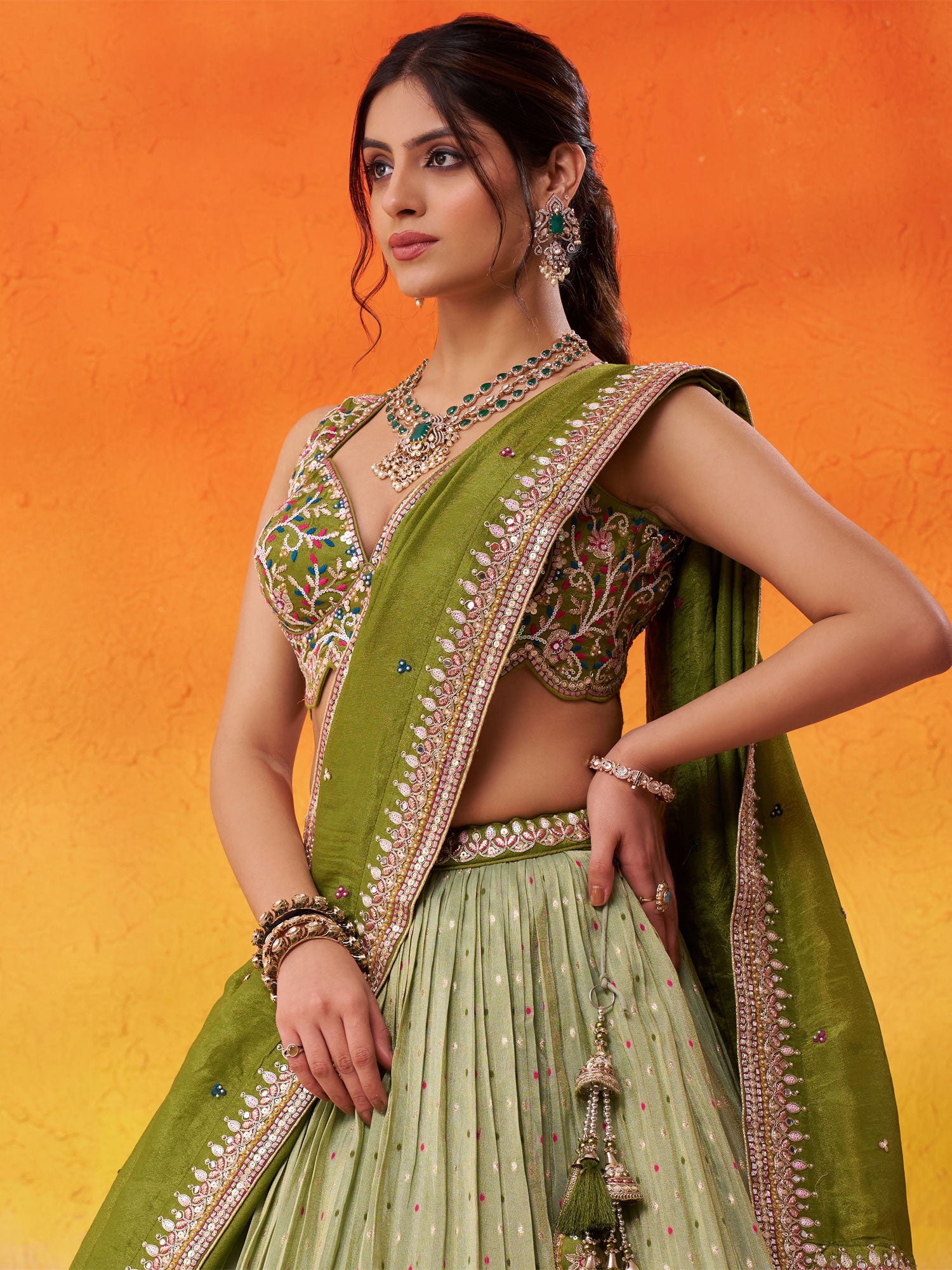 Green Wedding Lehenga Choli In Mirror Embellishments