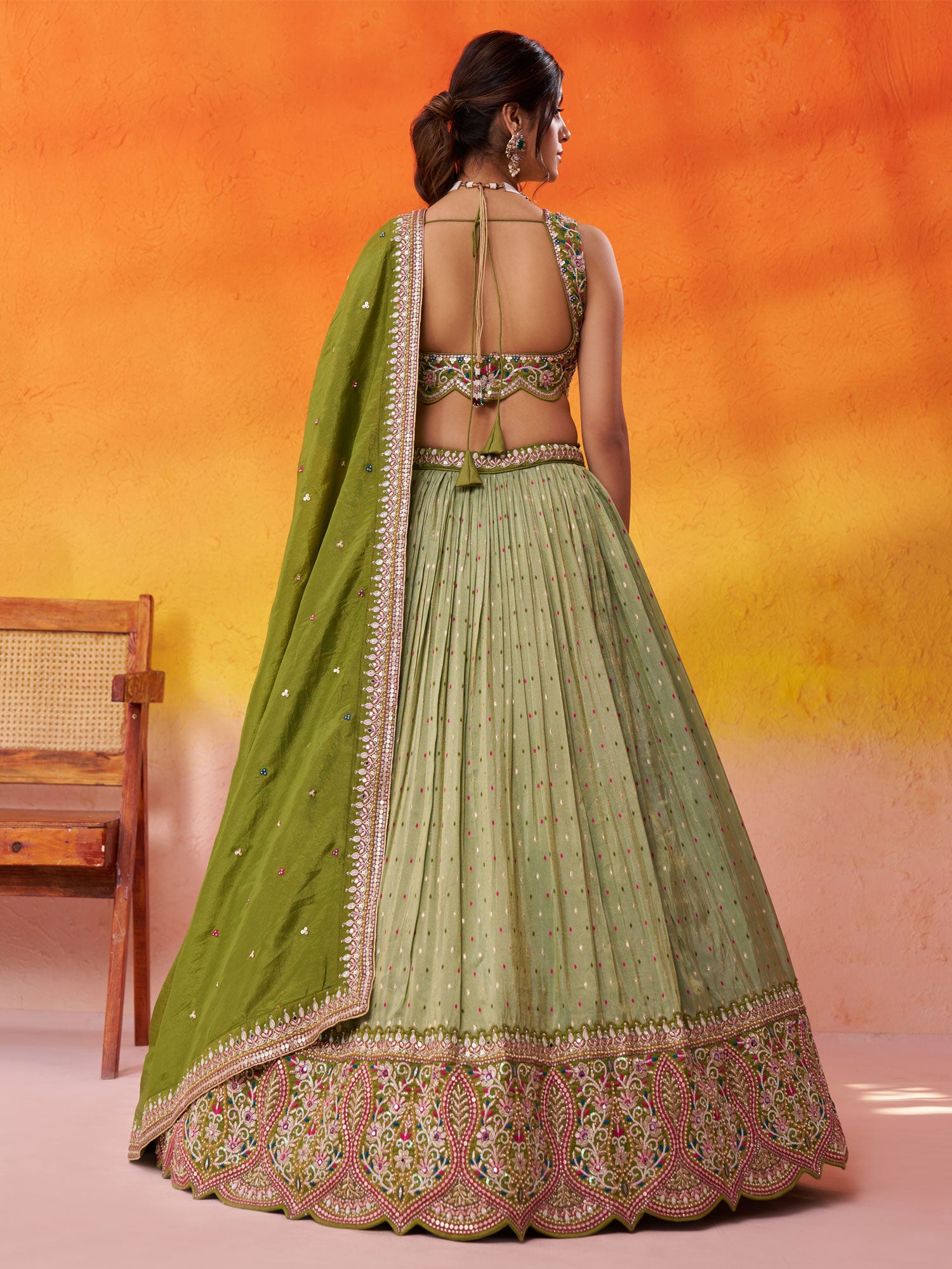 Green Wedding Lehenga Choli In Mirror Embellishments