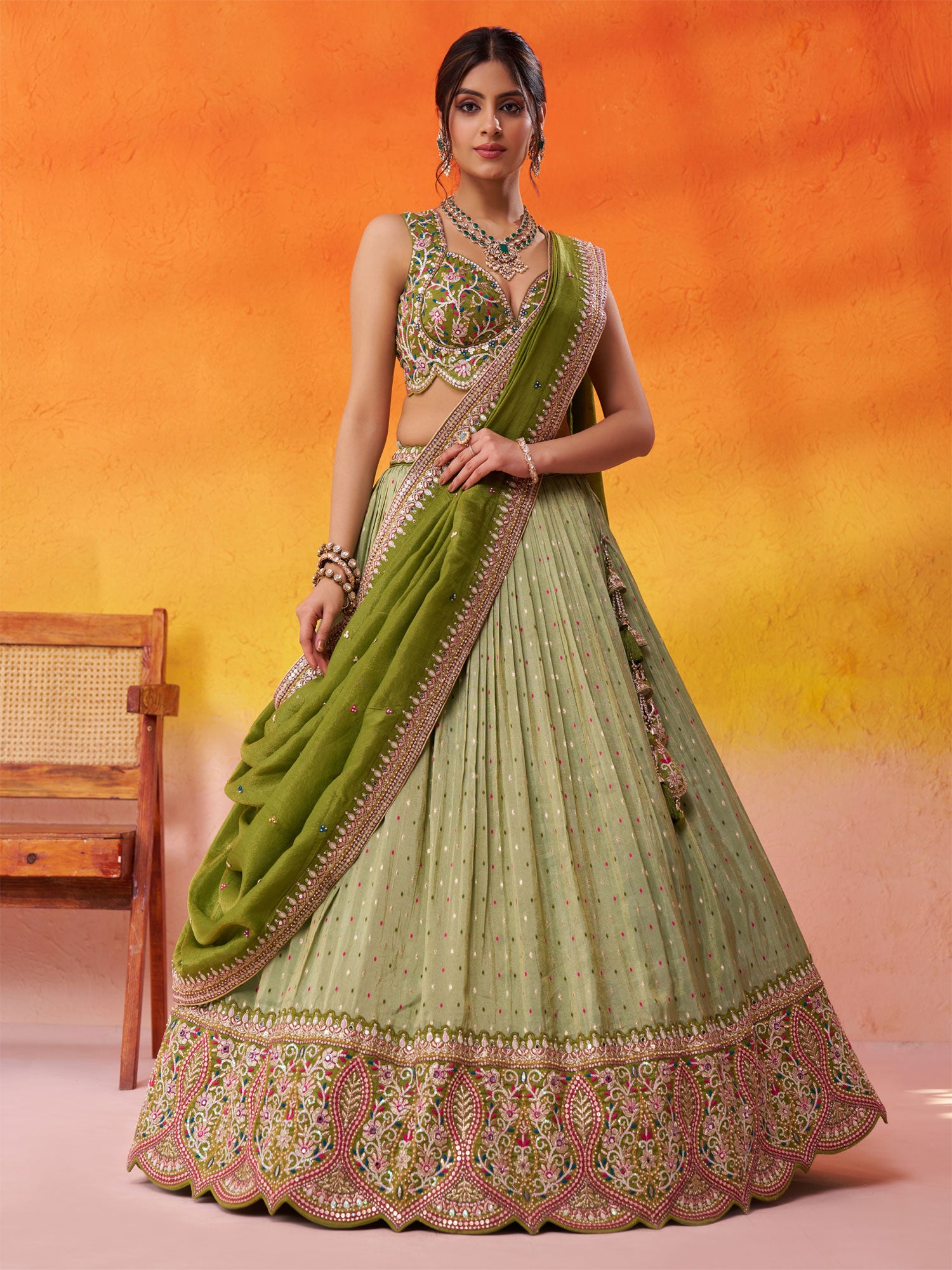 Green Wedding Lehenga Choli In Mirror Embellishments