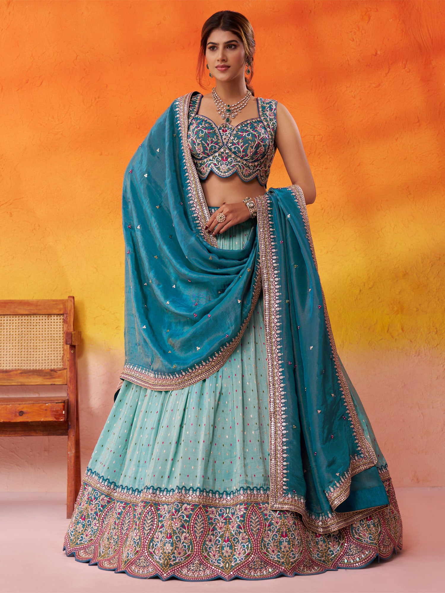 Blue Mirror Embroidered Designer Lehenga Choli