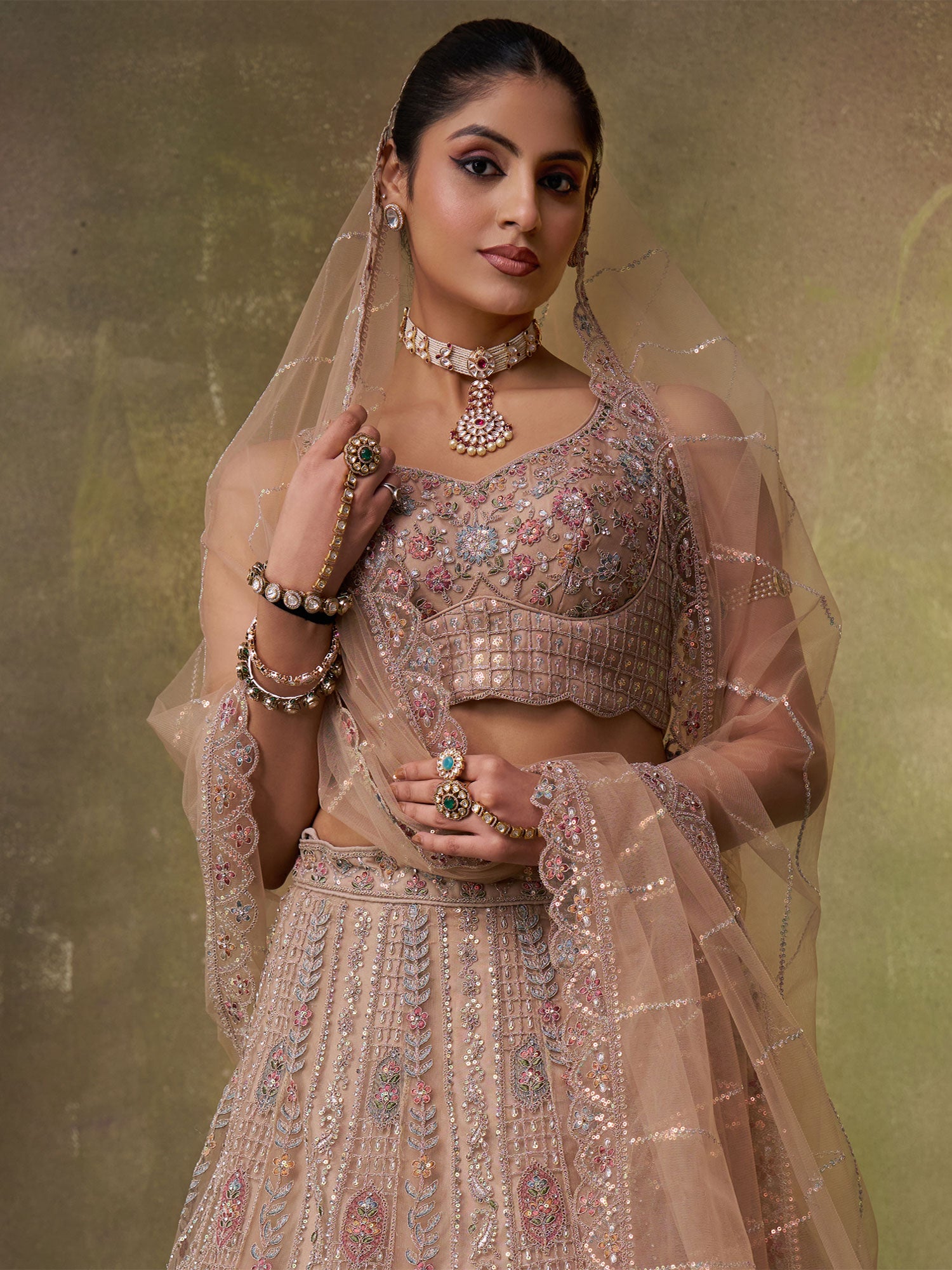 Brown Floral Work Net Lehenga Choli With Dupatta
