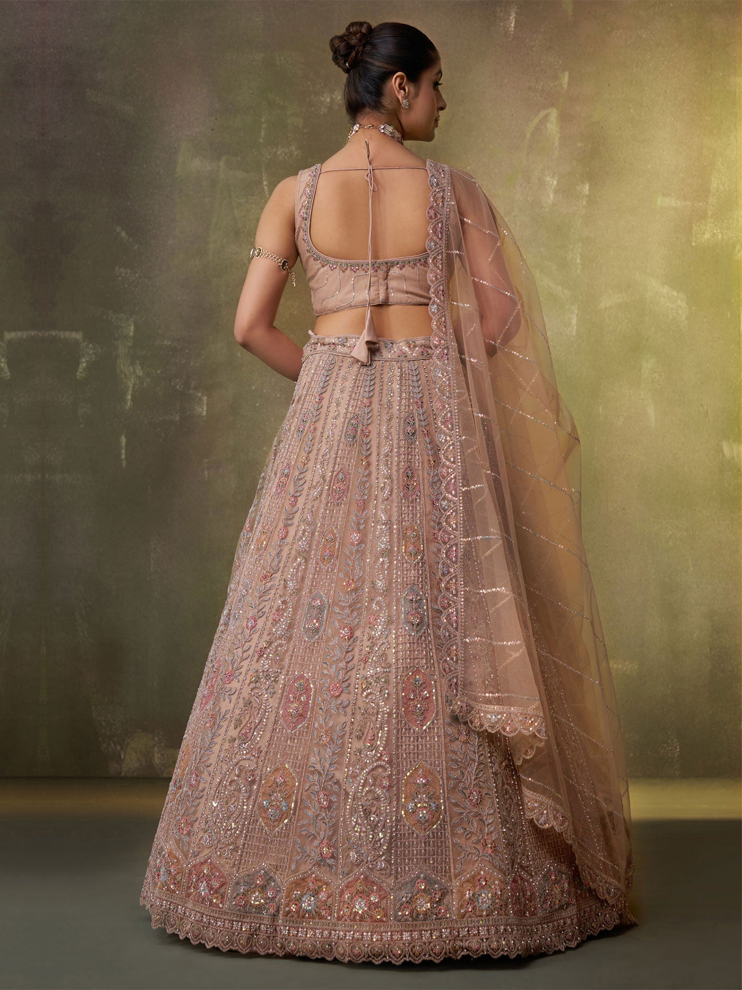 Brown Floral Work Net Lehenga Choli With Dupatta