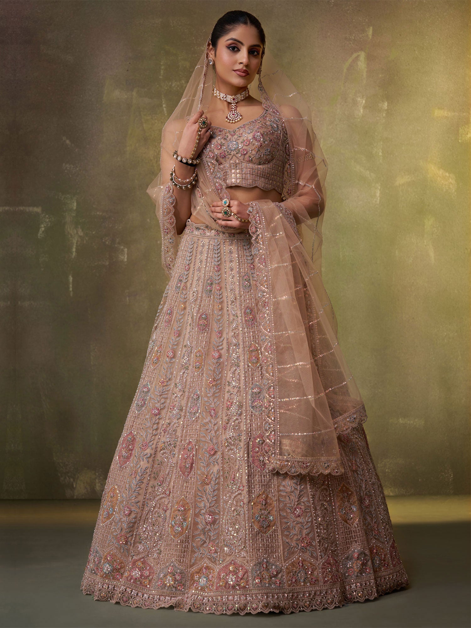 Brown Floral Work Net Lehenga Choli With Dupatta