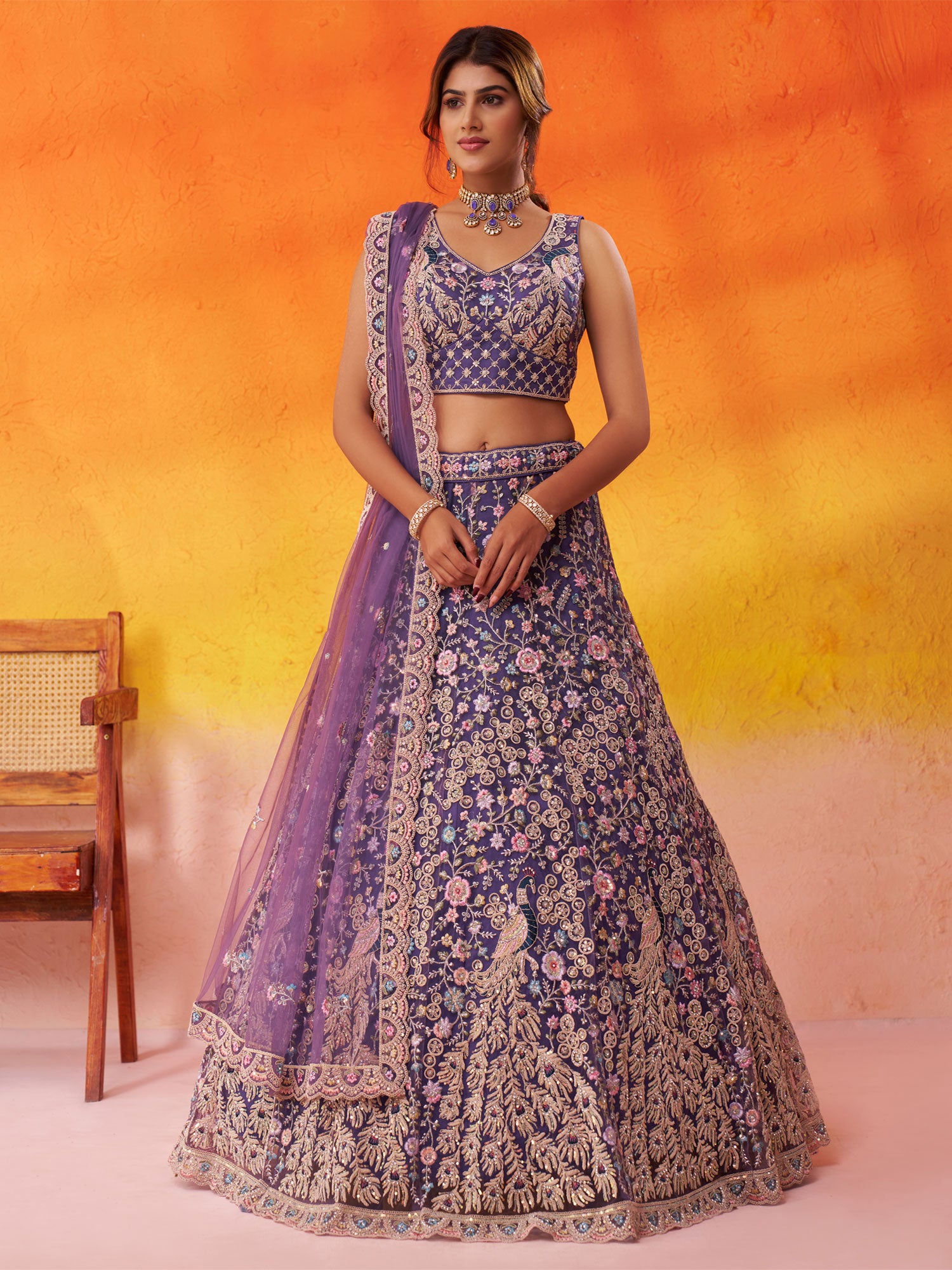 Purple Zari Work Embellished Net Lehenga Set