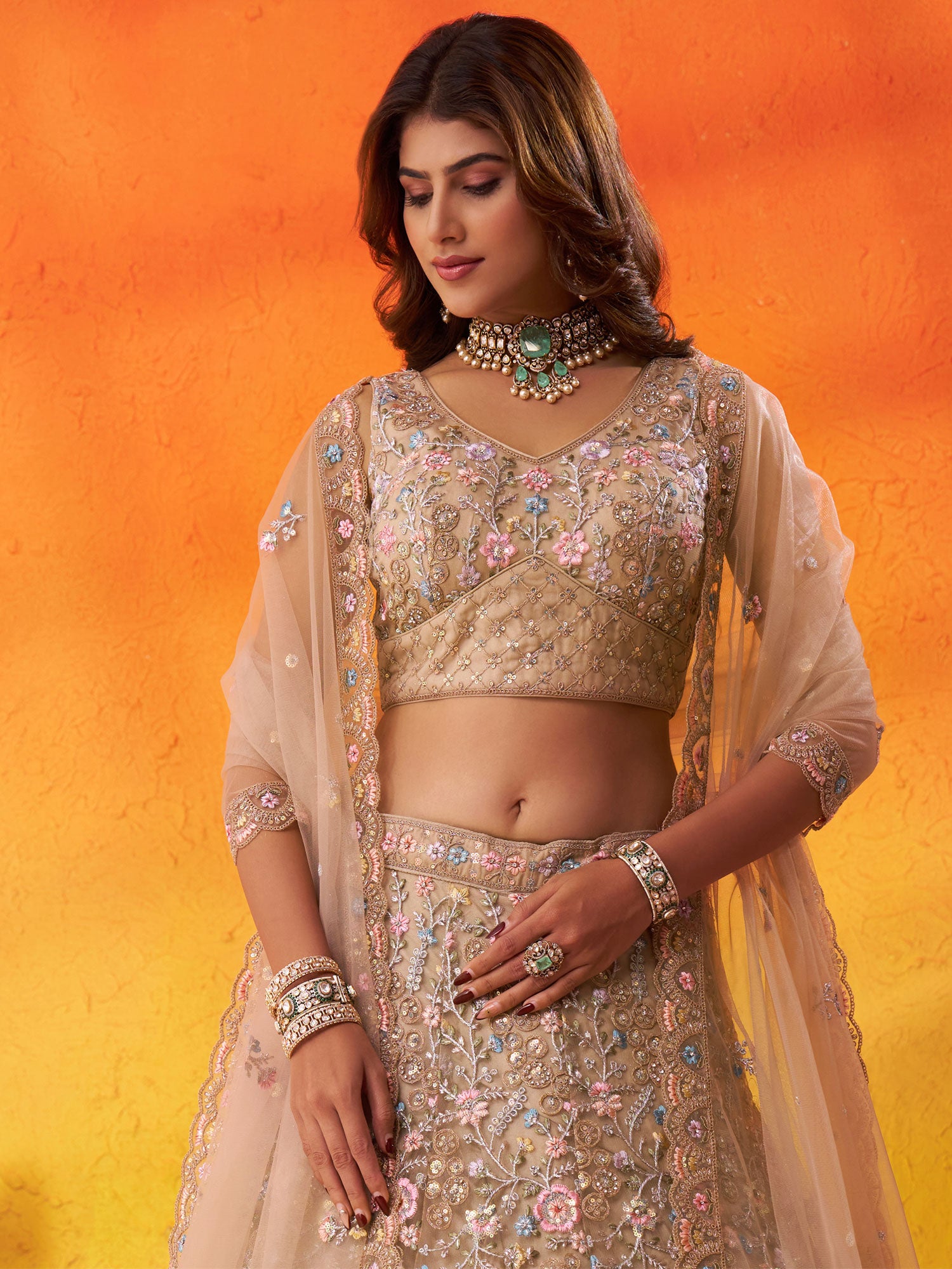 Beige Floral Thread Work Party Lehenga Choli