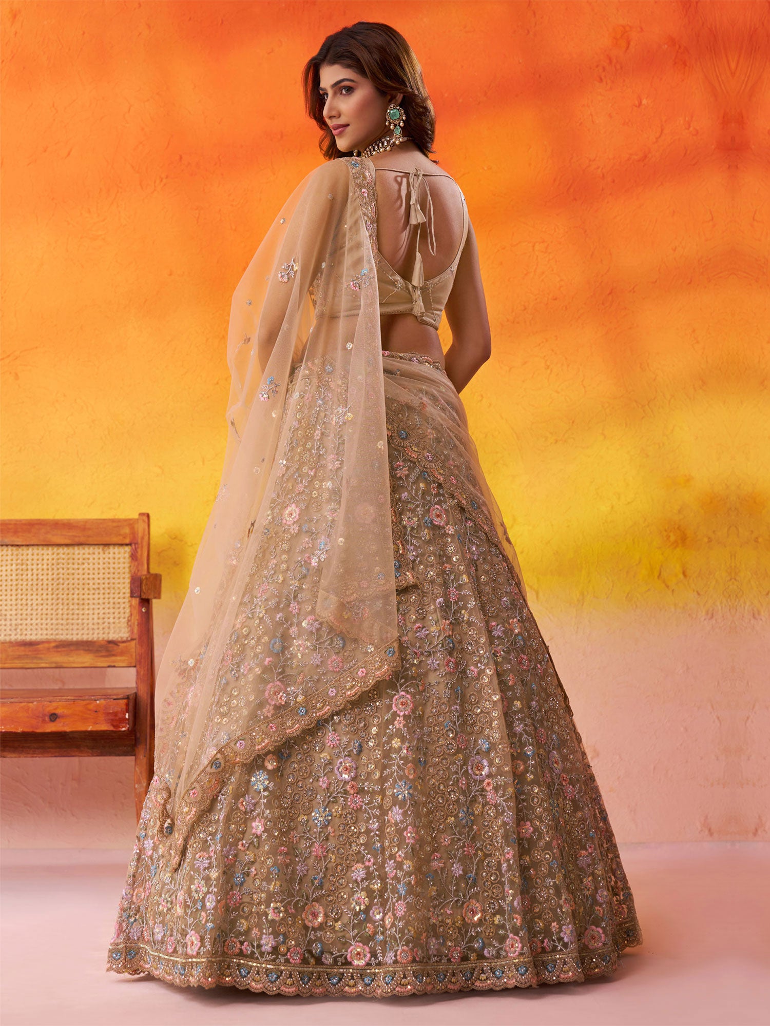 Beige Floral Thread Work Party Lehenga Choli