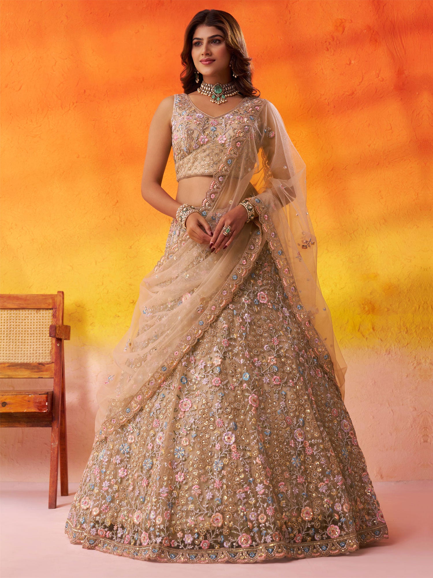 Beige Floral Thread Work Party Lehenga Choli