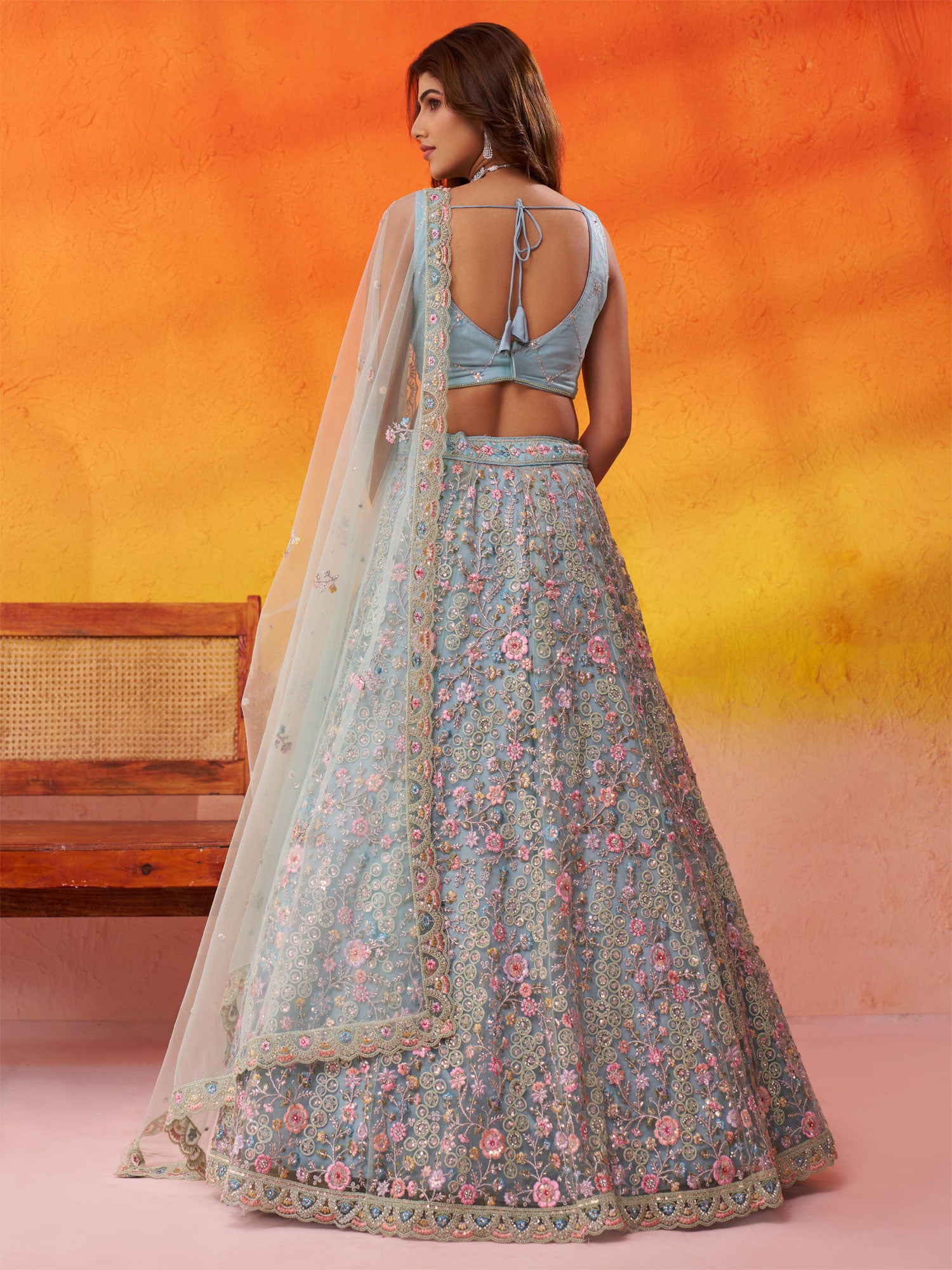 Blue Net Lehenga Set In Floral Embellishments