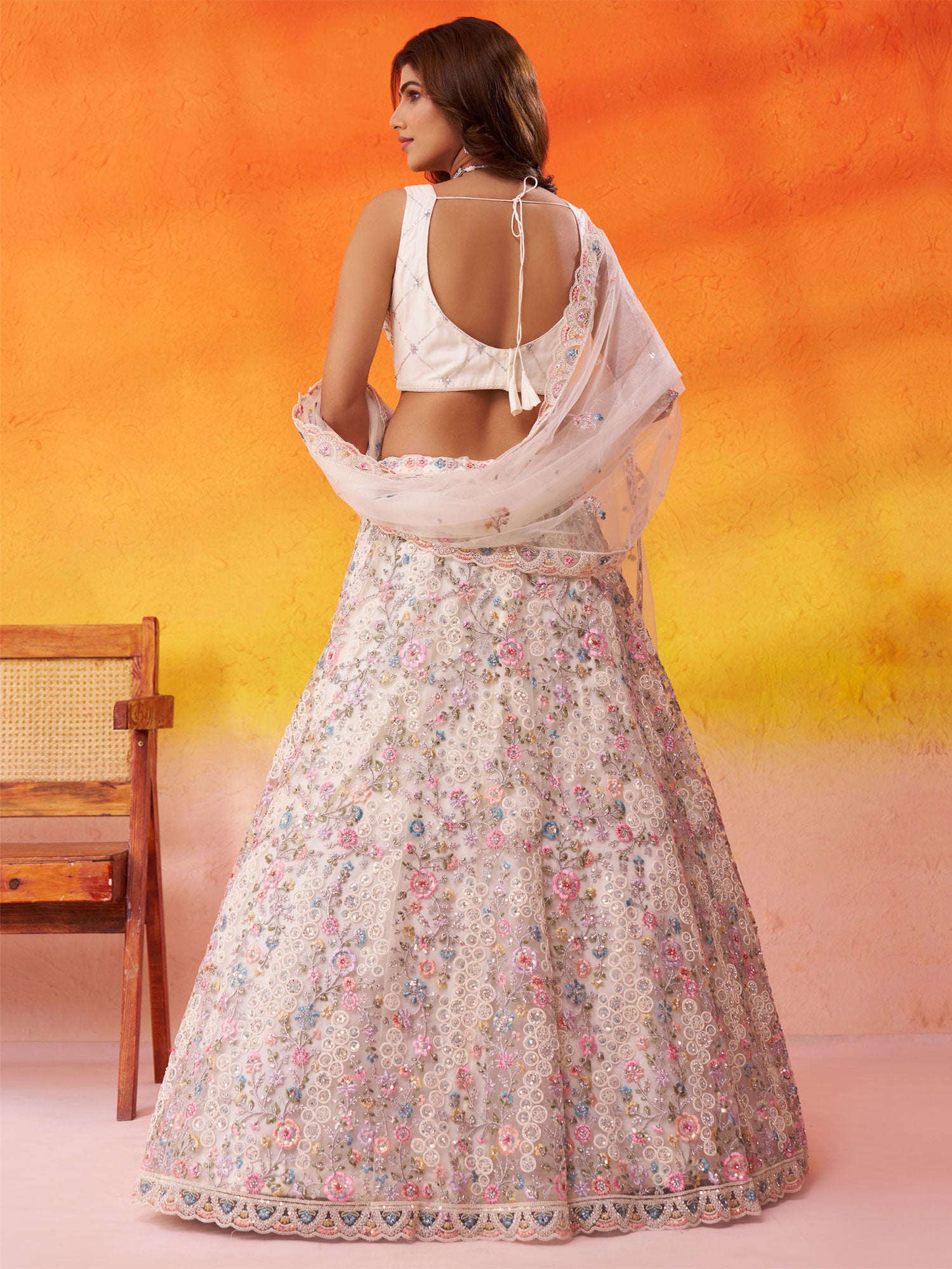 White Stone Work Net Lehenga Set With Dupatta