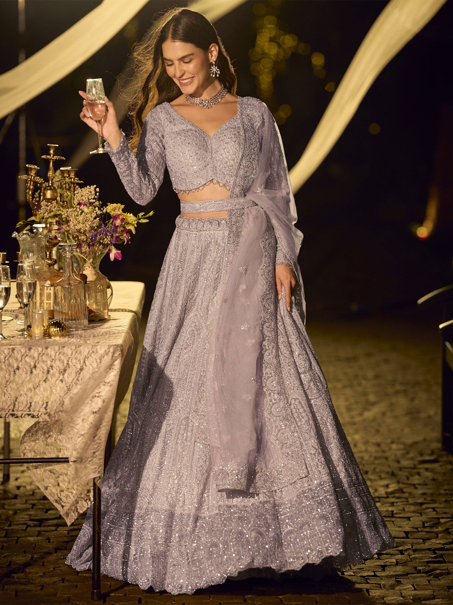 Lilac Bridesmaid Lehenga Set In Stone Embroidery