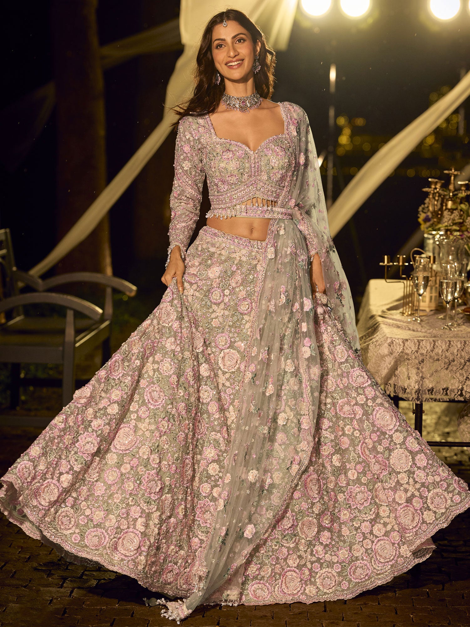 Green Floral Thread Embroidered Net Lehenga Choli