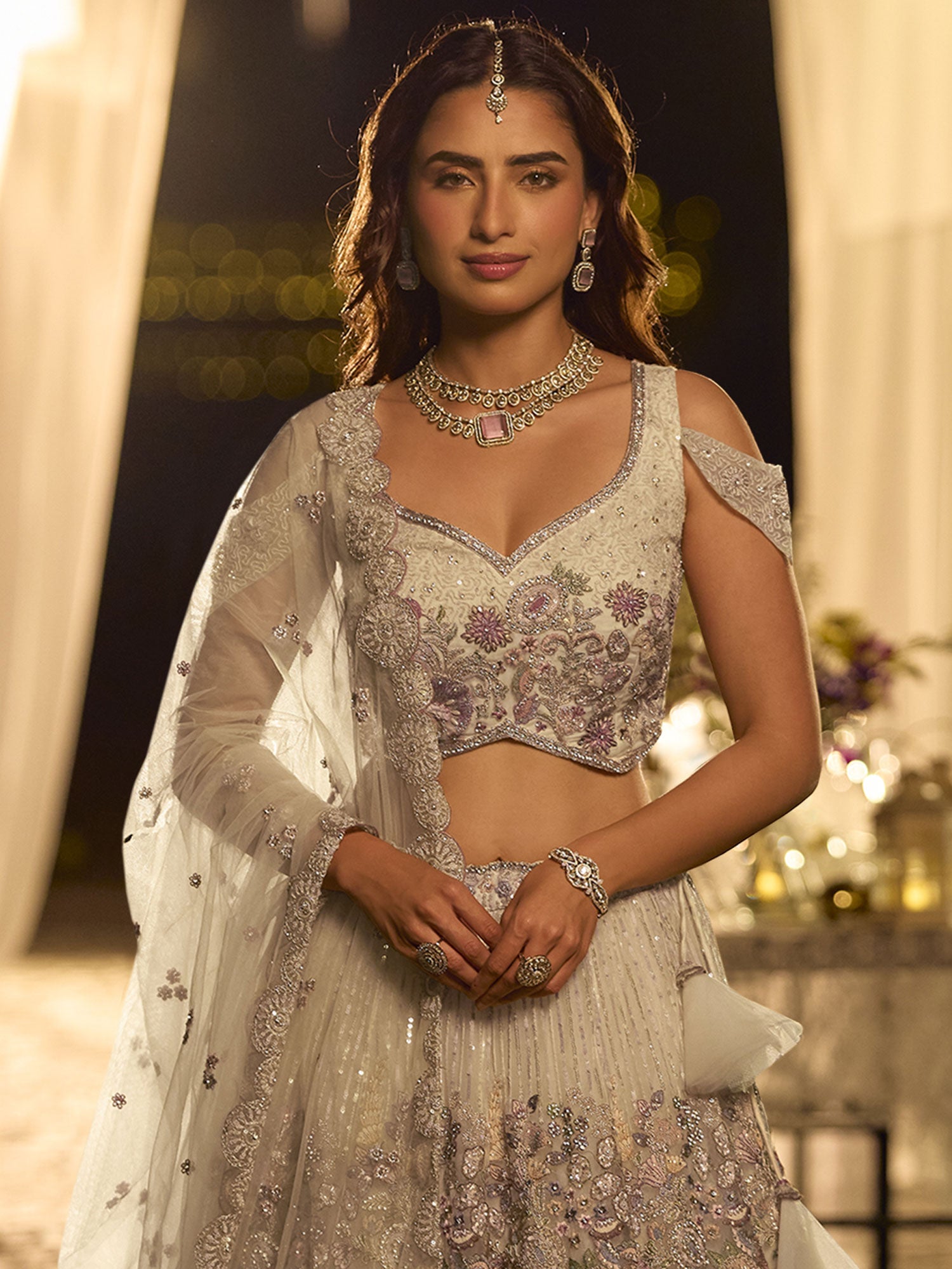 Beige Designer Lehenga Choli In Floral Embellishments