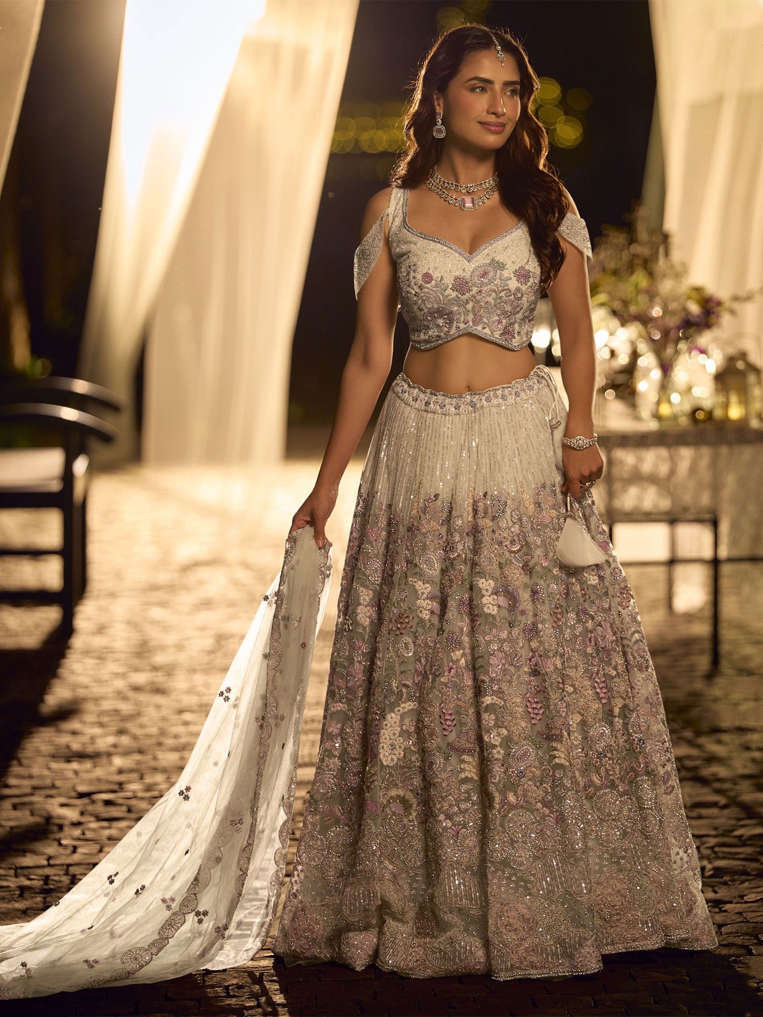 Beige Designer Lehenga Choli In Floral Embellishments