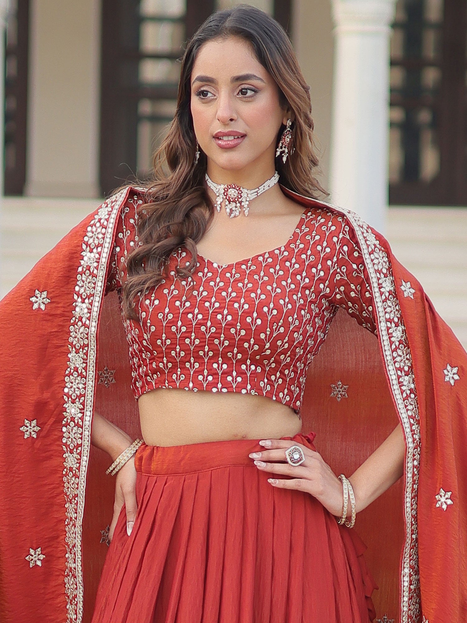 Bright Red Silver Zari Embellished Lehenga Set