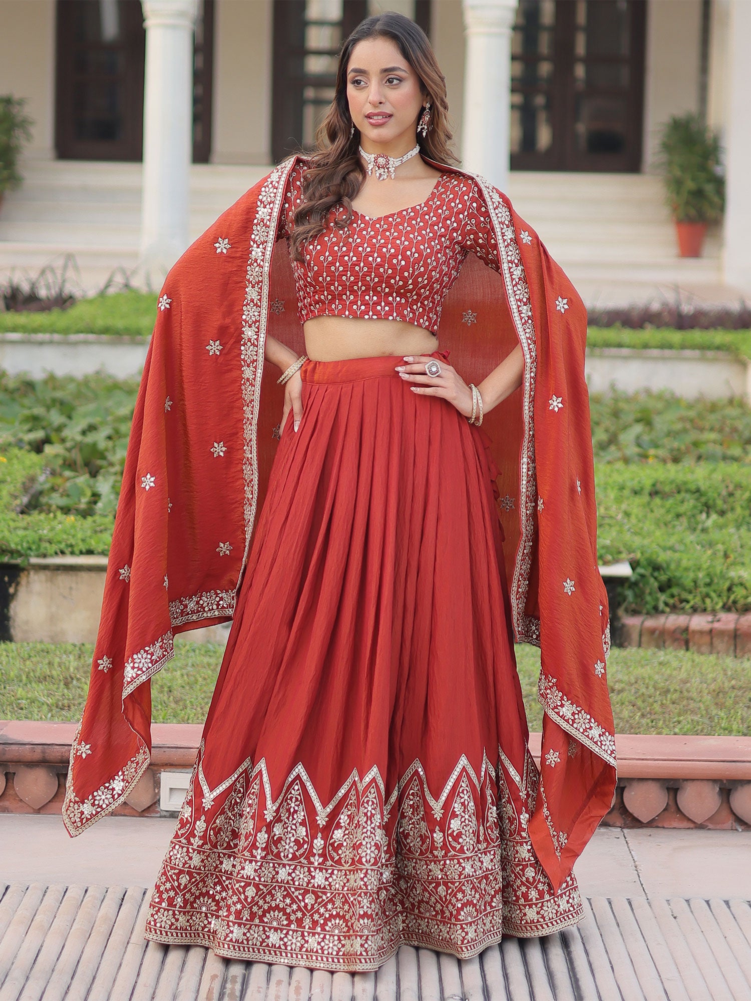 Bright Red Silver Zari Embellished Lehenga Set