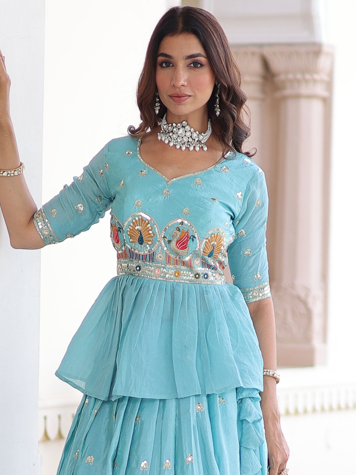 Sky Blue Indo Western Lehenga Choli With Dupatta